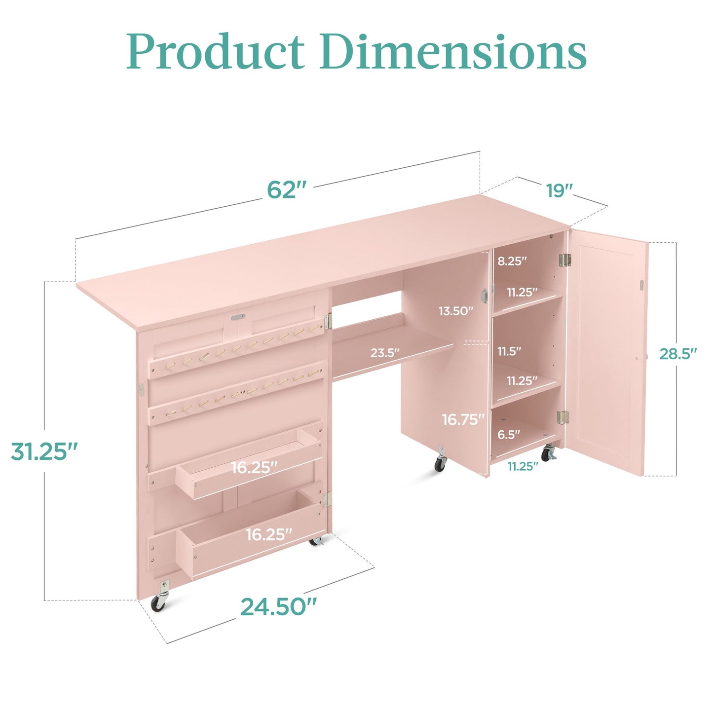 Large Portable Folding Sewing Table Multipurpose Craft Station w/ Wheels