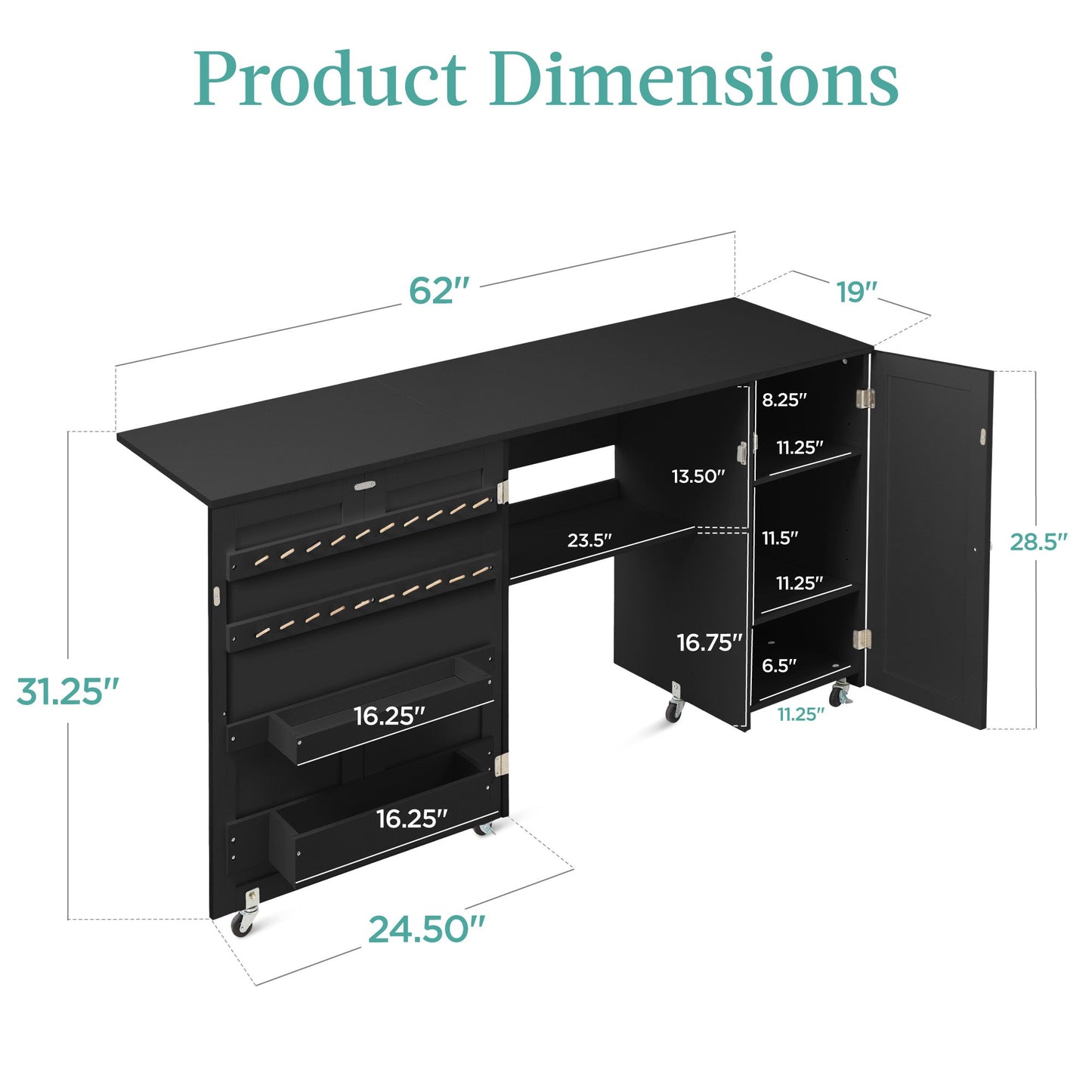 Large Portable Folding Sewing Table Multipurpose Craft Station w/ Wheels