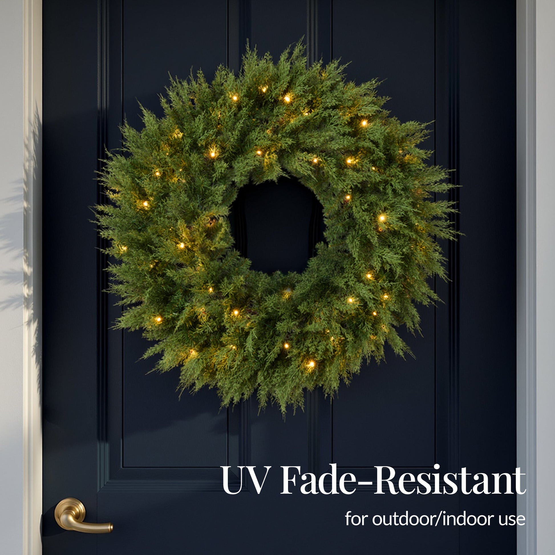 Pre-Lit Cedar Cypress Christmas Realistic Wreath w/ Twinkling LEDs