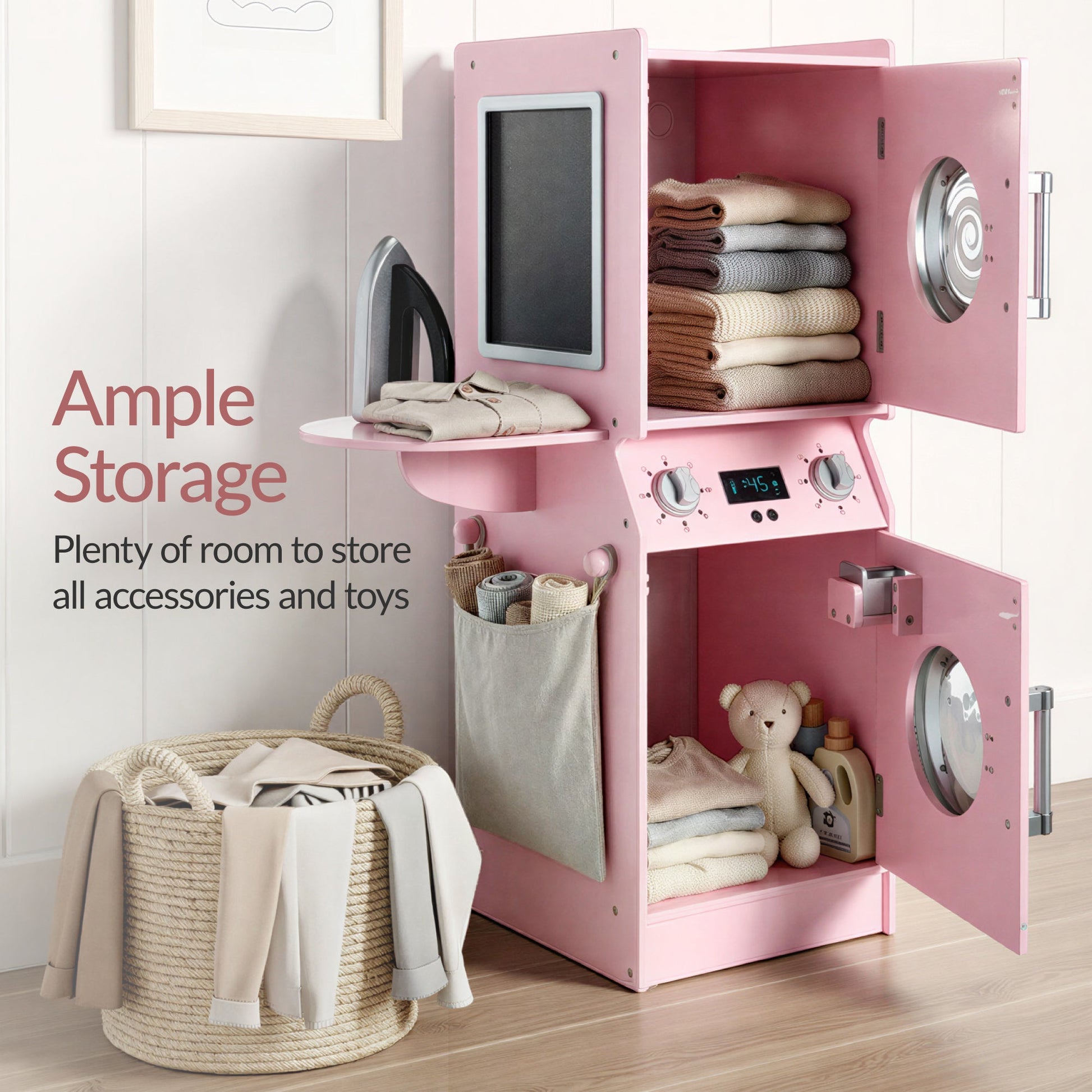 Pretend Play Kids Wooden Washer & Dryer Set w/ Laundry Accessories