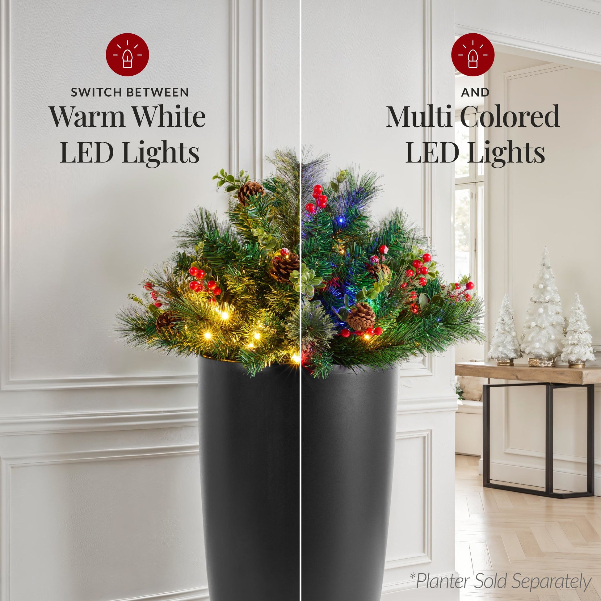Pre-Lit Christmas Urn Filler, White & Multi LED Lights, 26" Diameter