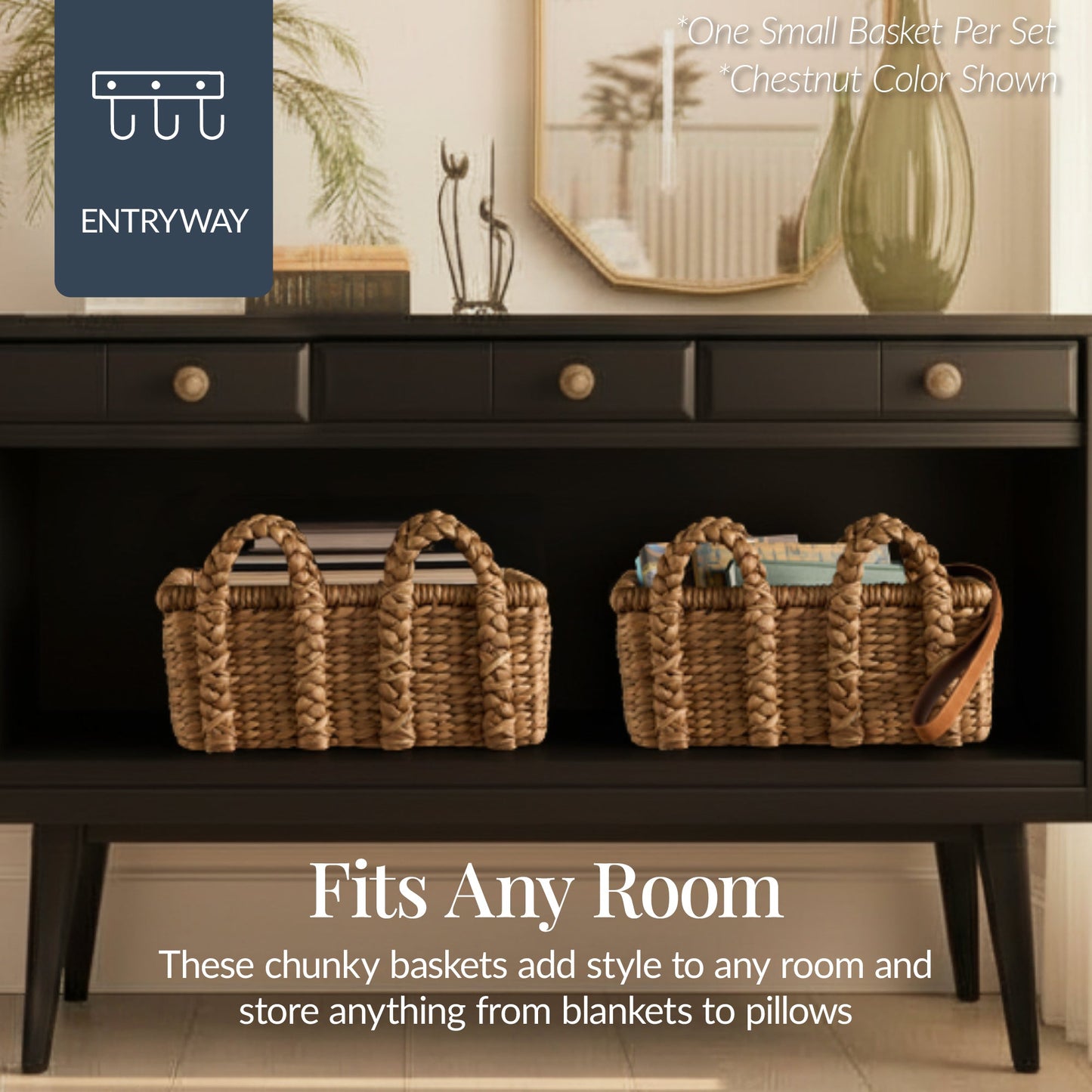 3Pc Shelf Baskets, Small, Large & XL Chunky Woven Baskets w/ Braided Handles