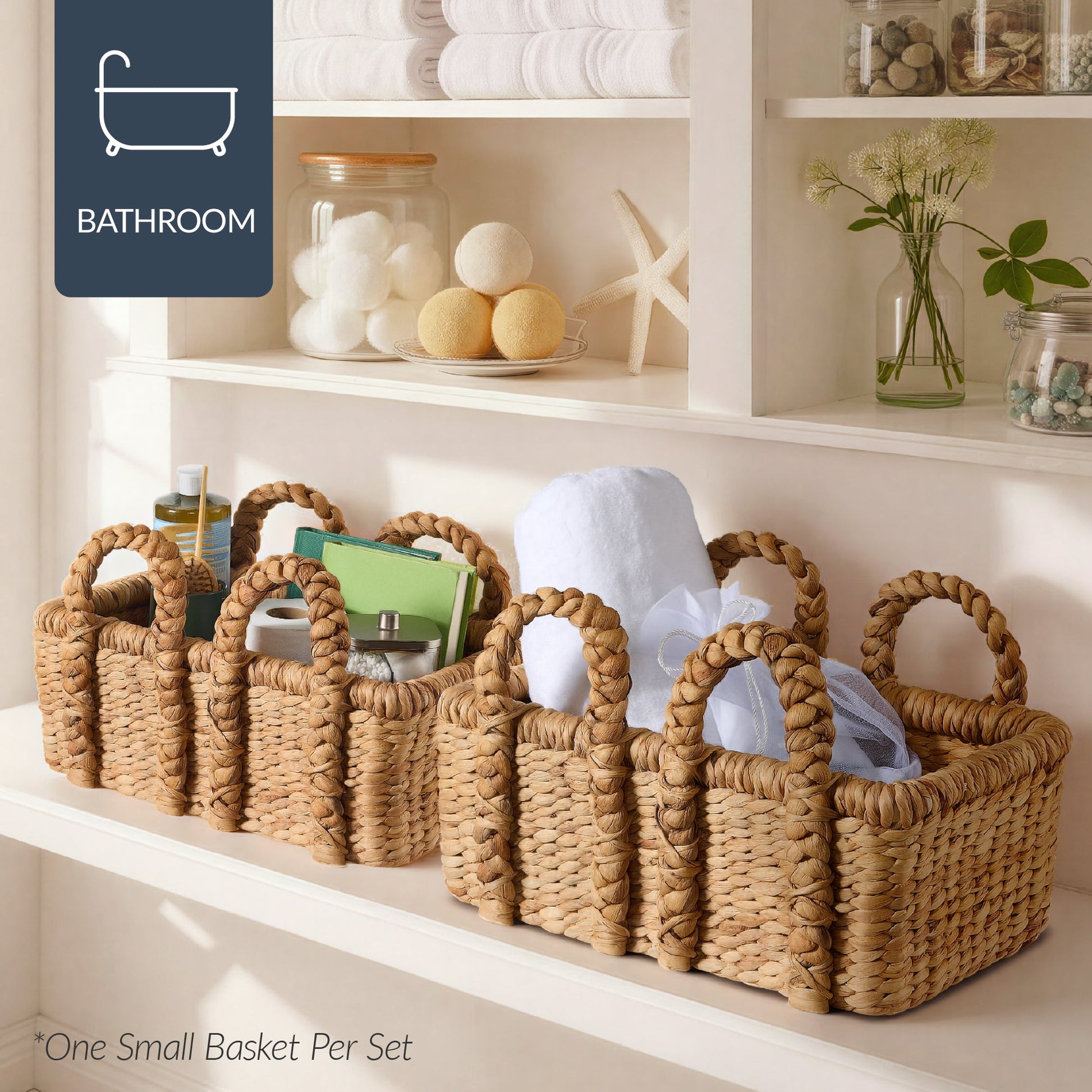 3Pc Shelf Baskets, Small, Large & XL Chunky Woven Baskets w/ Braided Handles