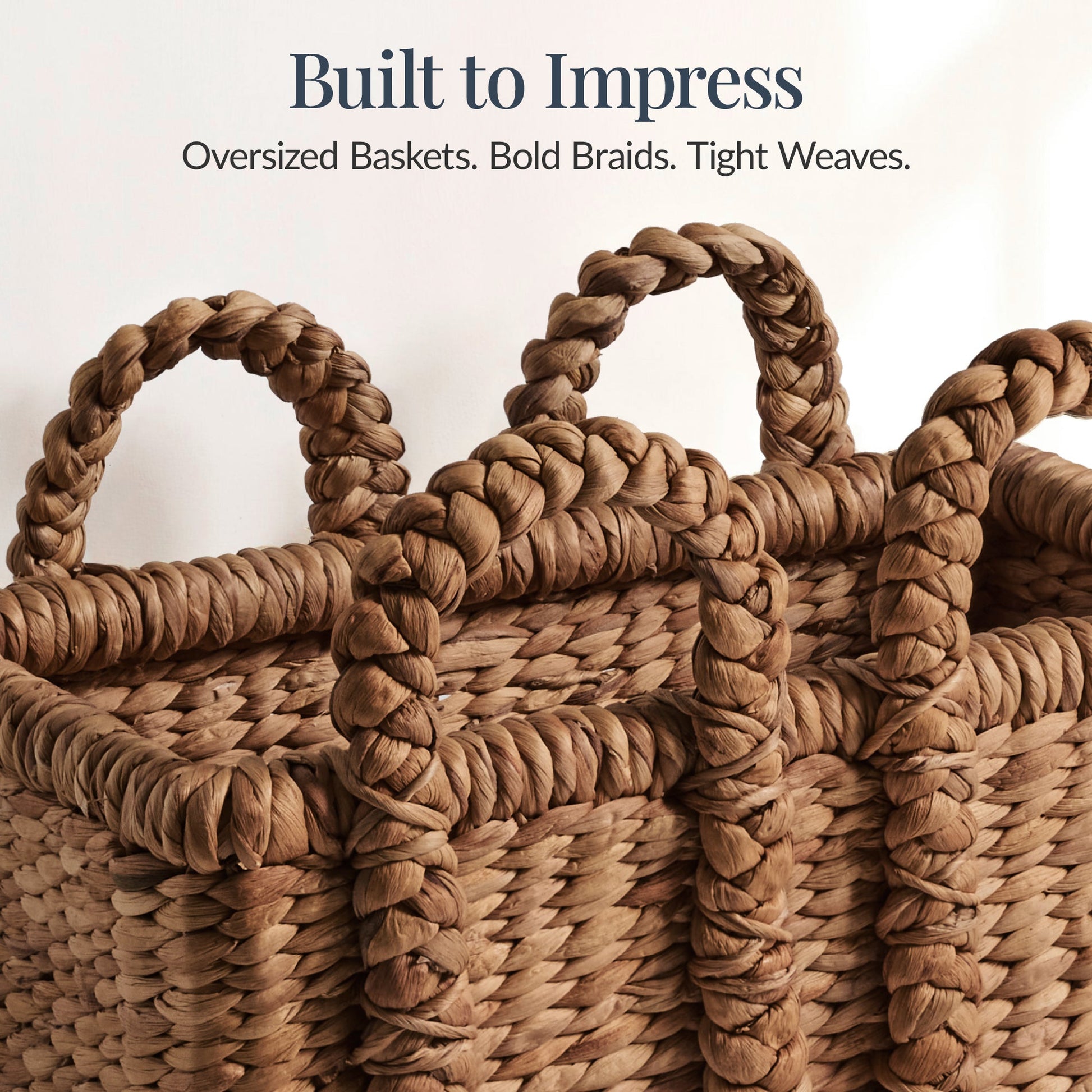3Pc Shelf Baskets, Small, Large & XL Chunky Woven Baskets w/ Braided Handles