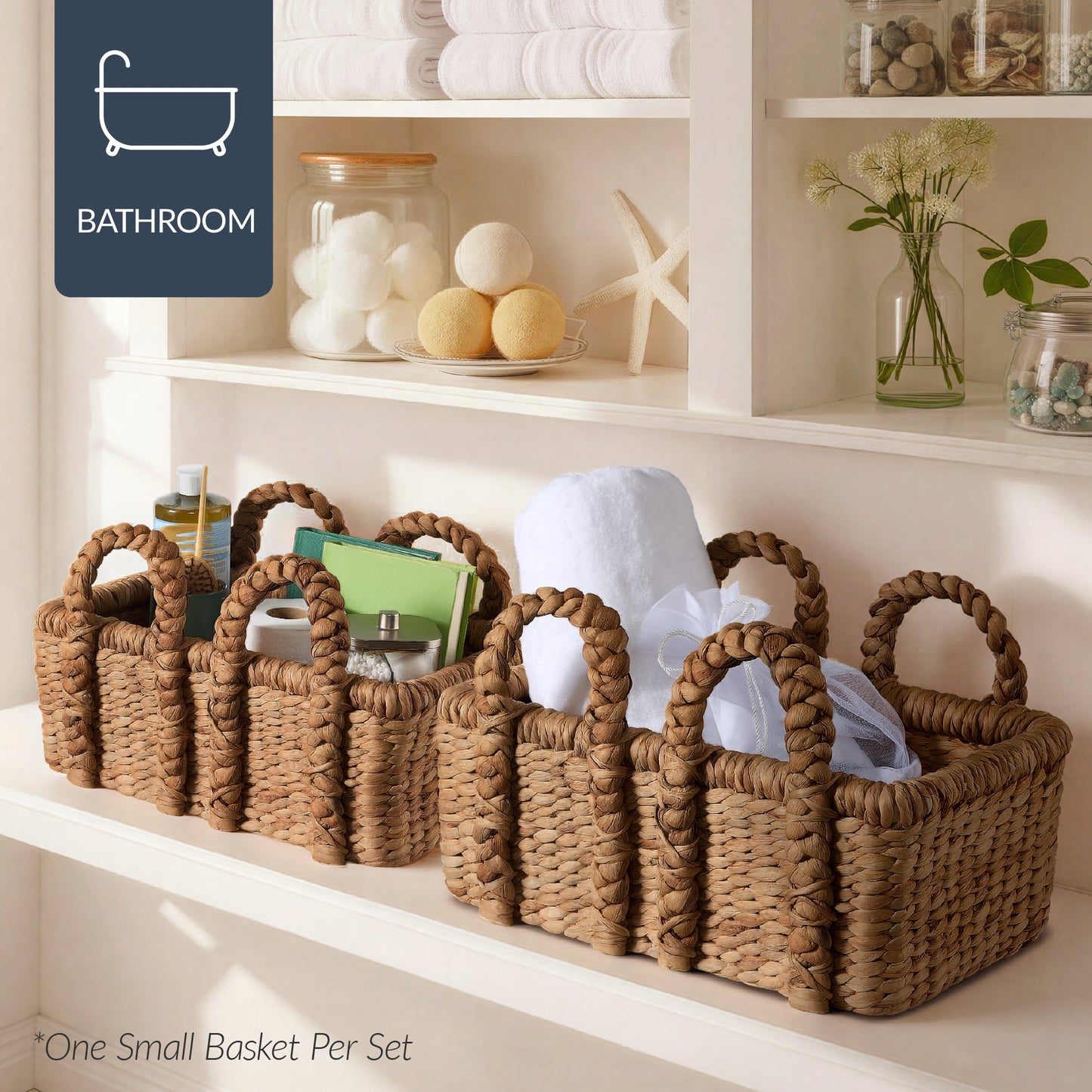 3Pc Shelf Baskets, Small, Large & XL Chunky Woven Baskets w/ Braided Handles