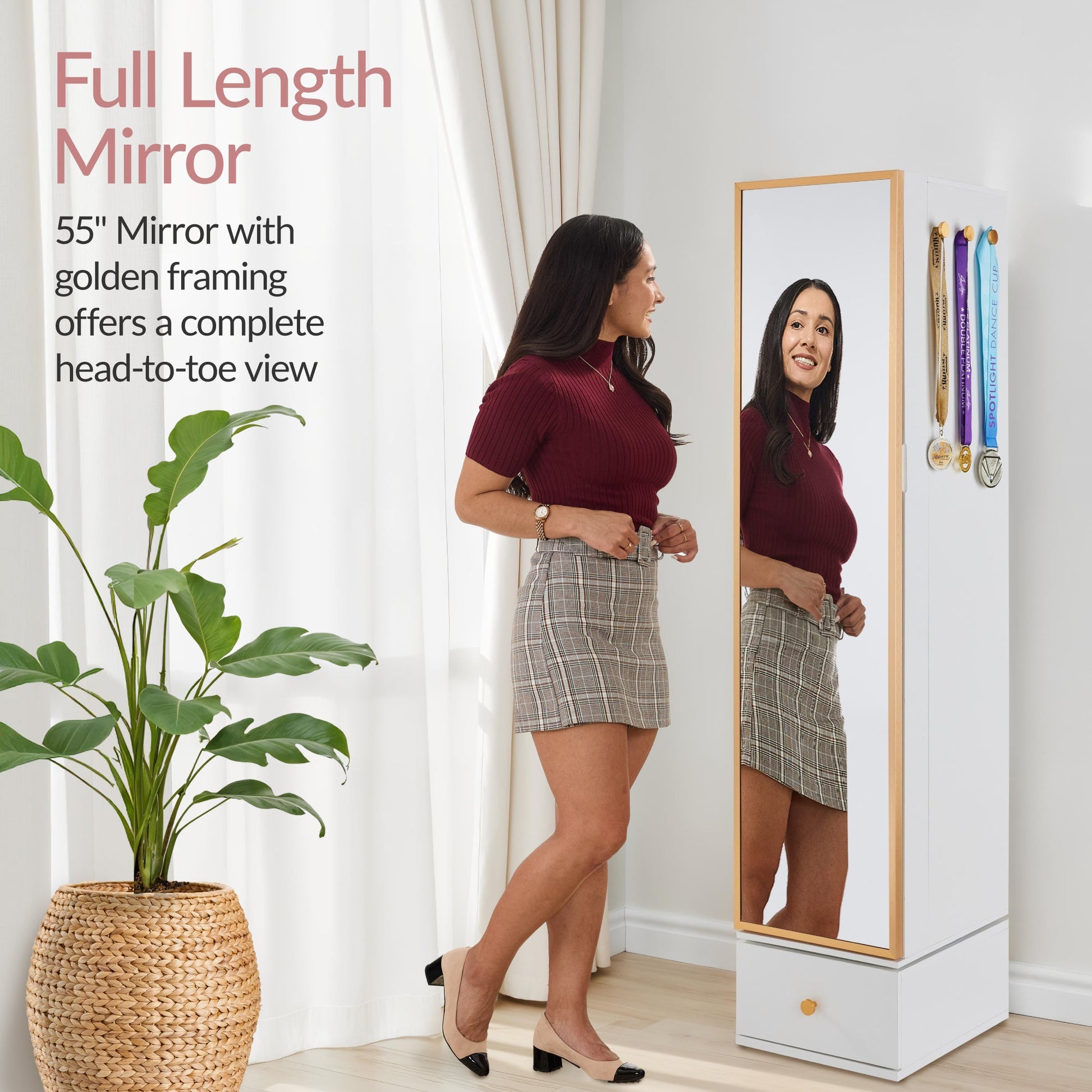 Rotating Mirror w/ Storage Cabinet, Swivel Jewelry Armoire, Shelves, Hooks