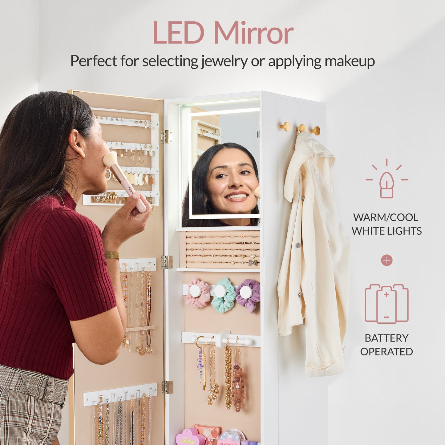 Rotating Mirror w/ Storage Cabinet, Swivel Jewelry Armoire, Shelves, Hooks