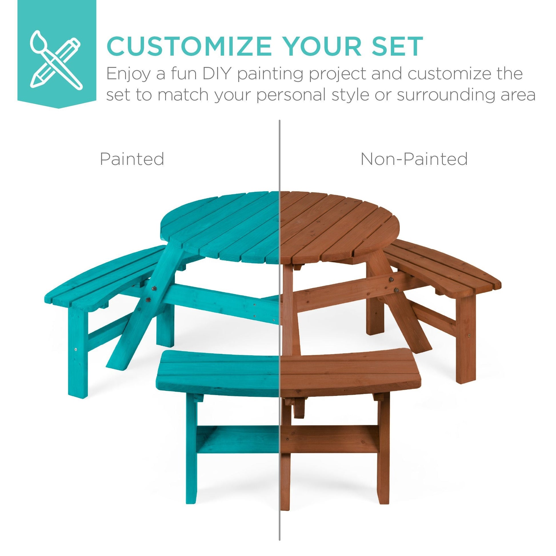 6-Person Circular Wooden Picnic Table w/ Umbrella Hole, 3 Benches
