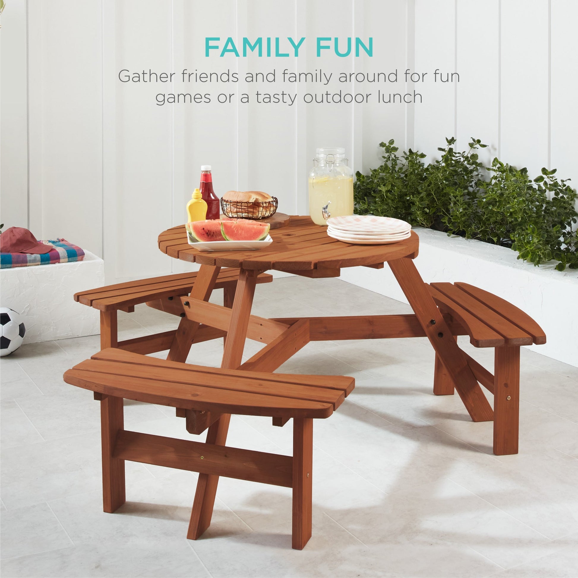 6-Person Circular Wooden Picnic Table w/ Umbrella Hole, 3 Benches