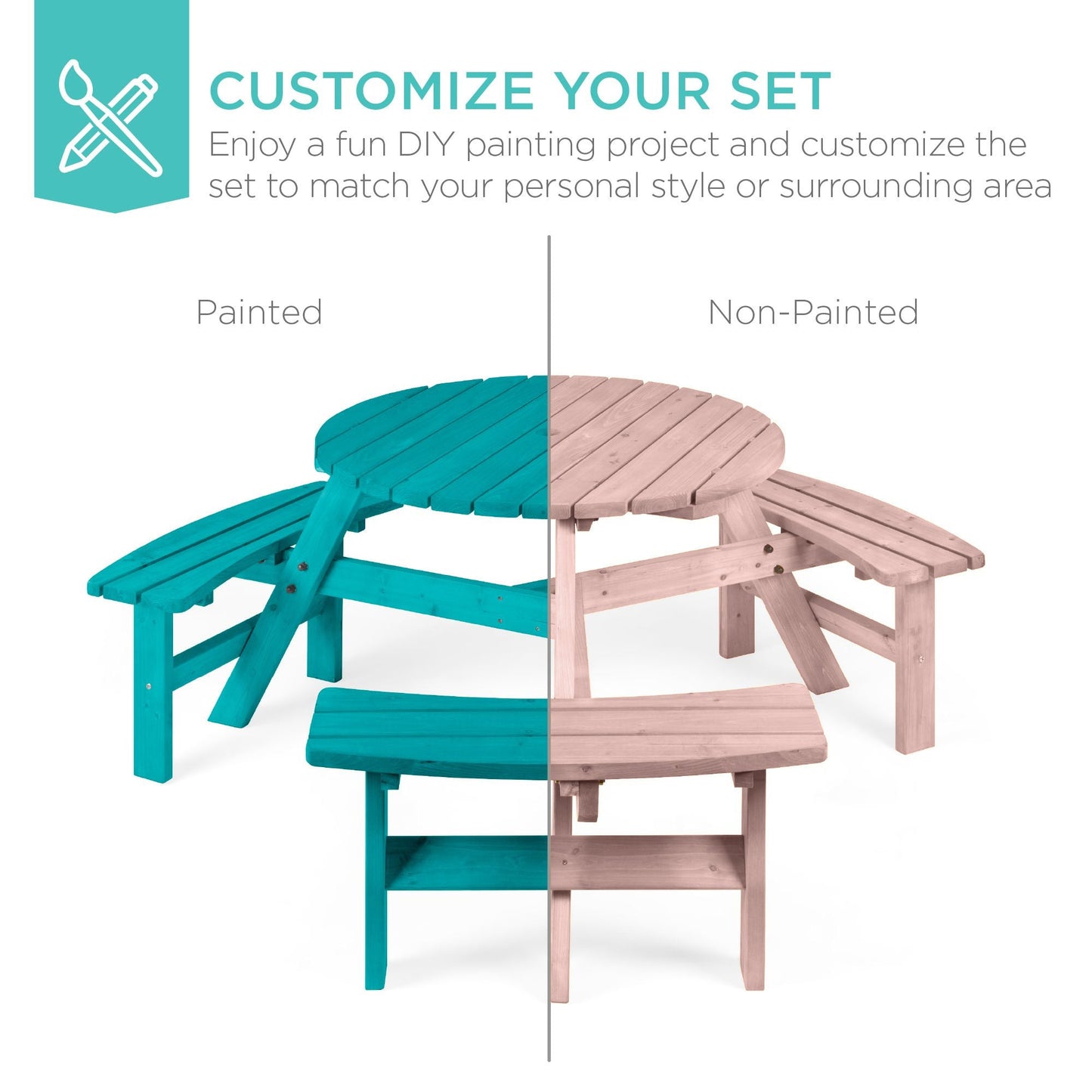 6-Person Circular Wooden Picnic Table w/ Umbrella Hole, 3 Benches