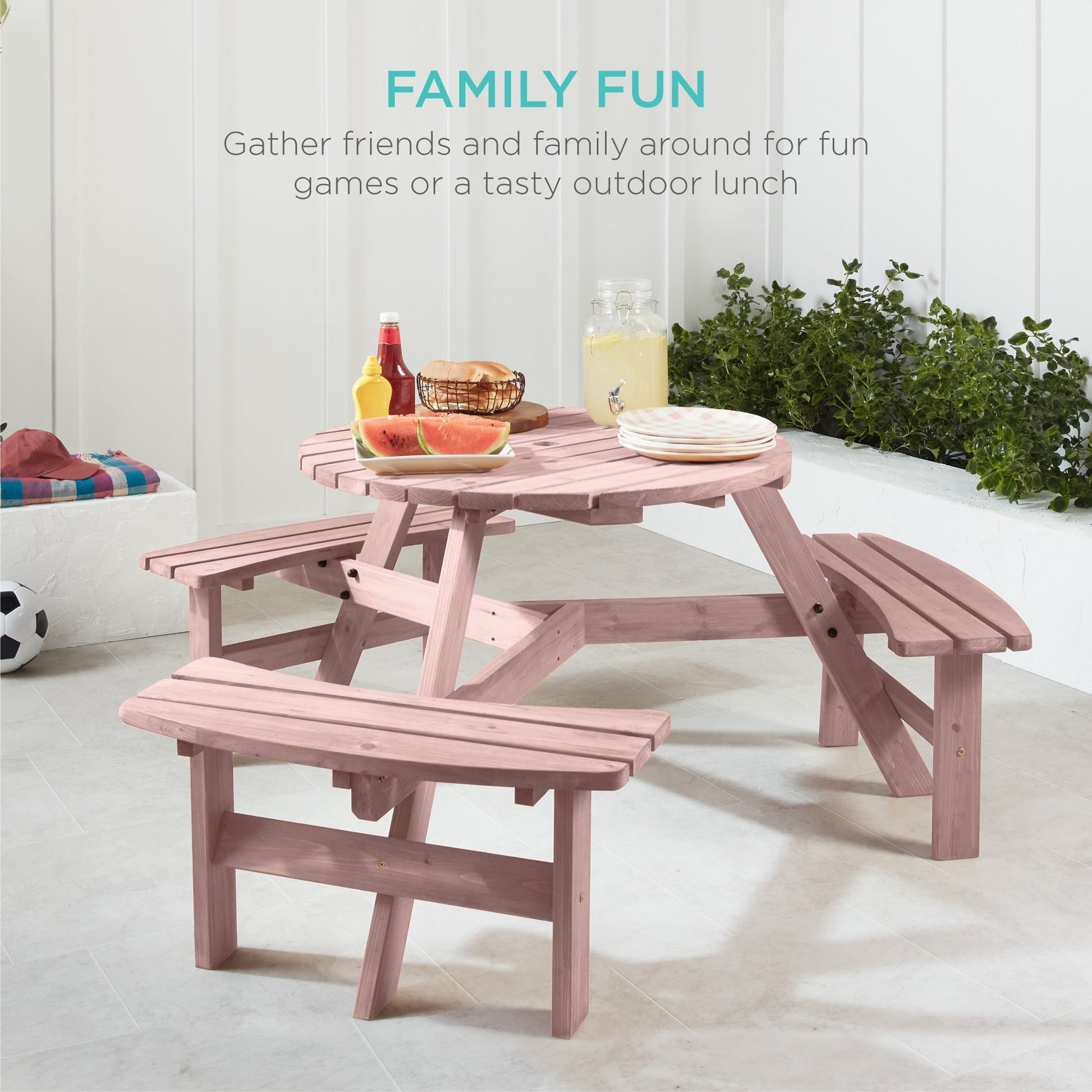 6-Person Circular Wooden Picnic Table w/ Umbrella Hole, 3 Benches