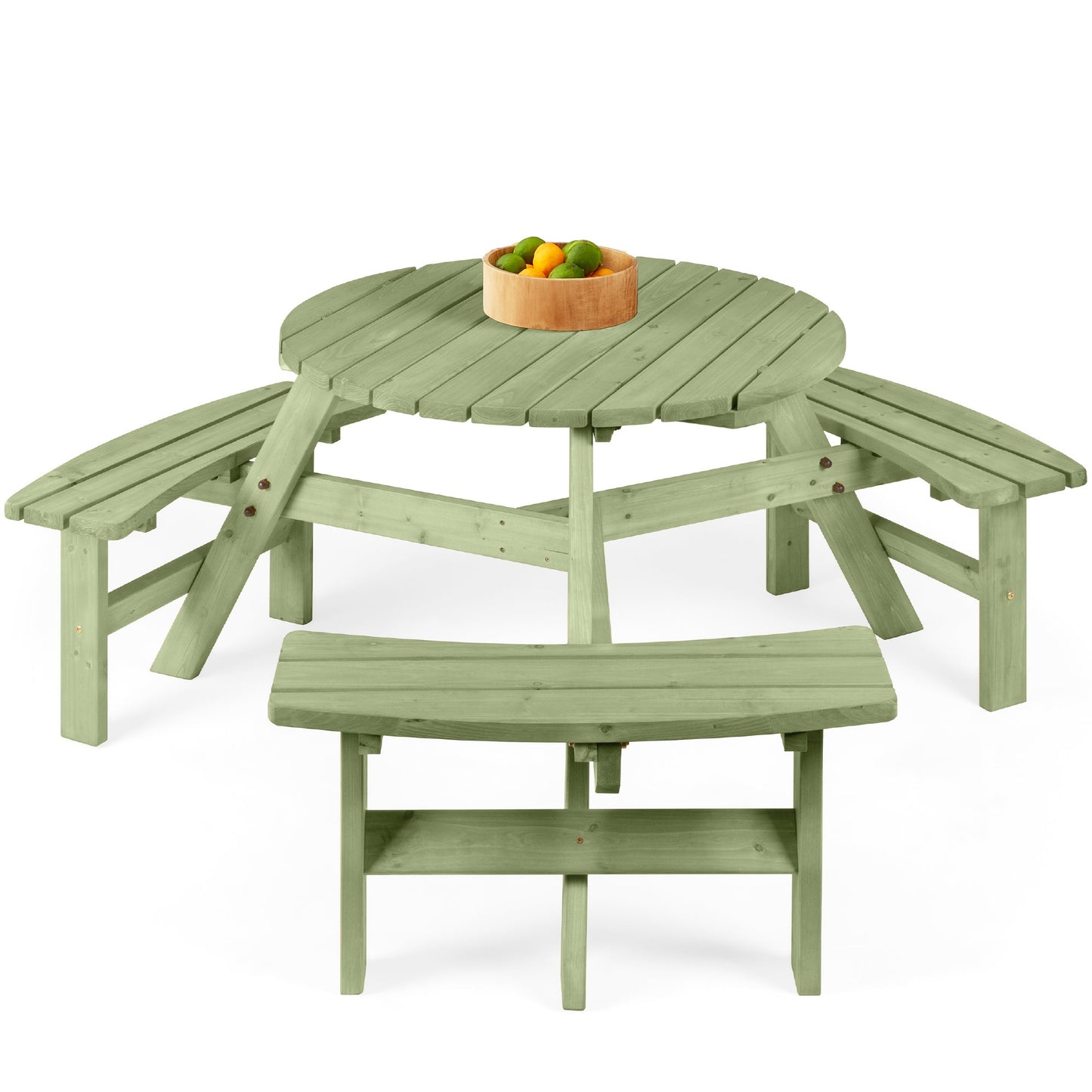 6-Person Circular Wooden Picnic Table w/ Umbrella Hole, 3 Benches
