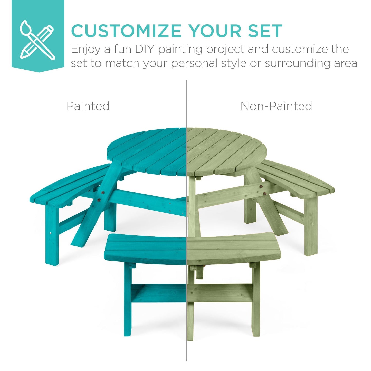 6-Person Circular Wooden Picnic Table w/ Umbrella Hole, 3 Benches