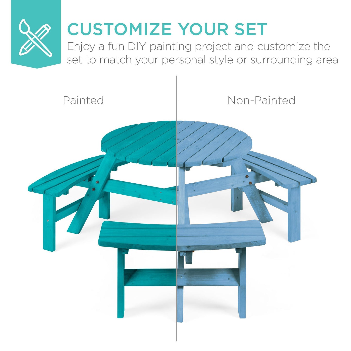 6-Person Circular Wooden Picnic Table w/ Umbrella Hole, 3 Benches