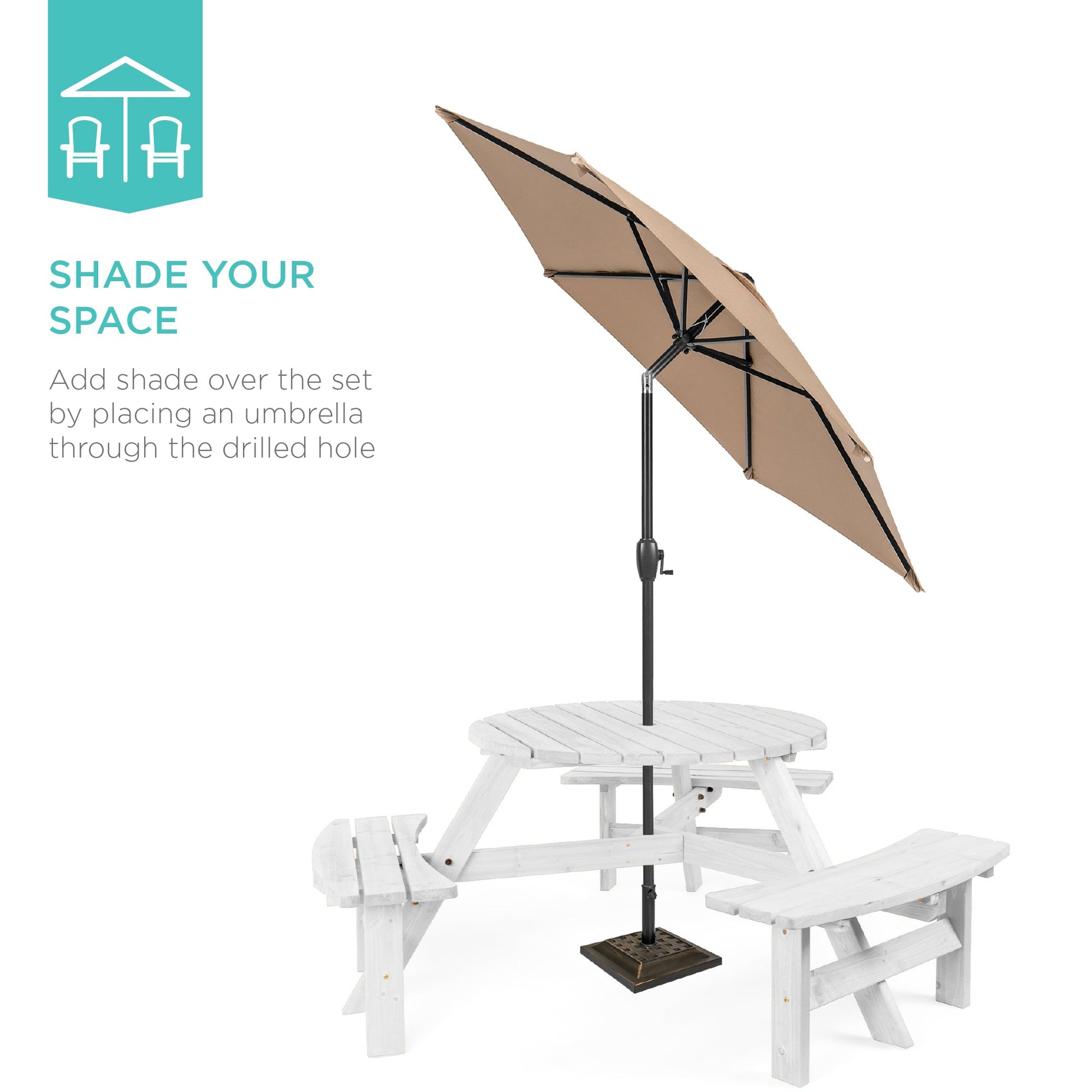 6-Person Circular Wooden Picnic Table w/ Umbrella Hole, 3 Benches
