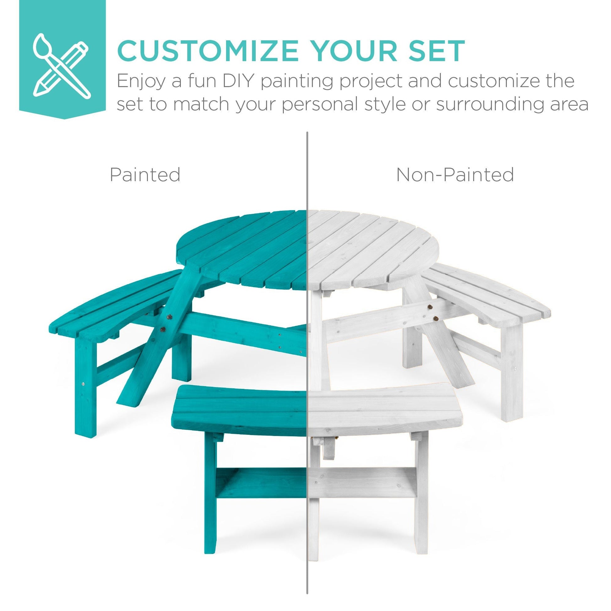 6-Person Circular Wooden Picnic Table w/ Umbrella Hole, 3 Benches