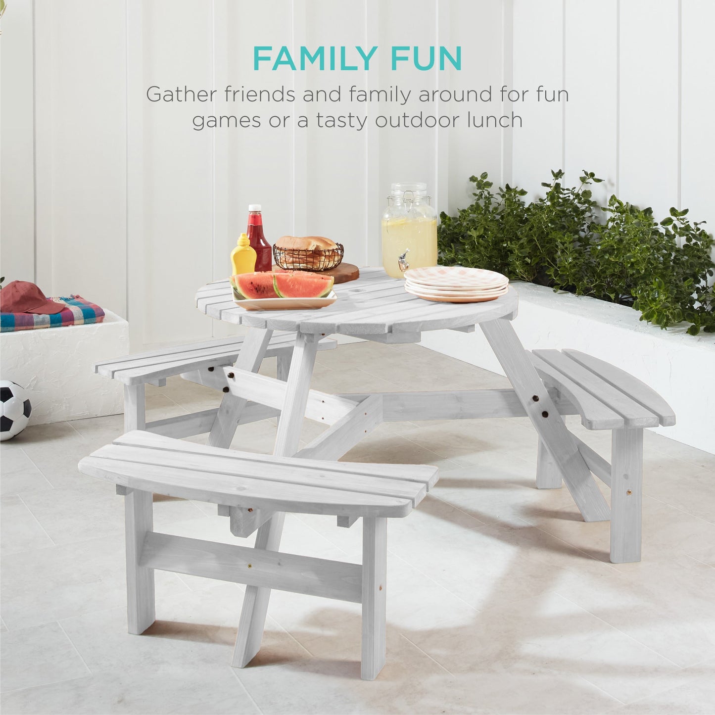 6-Person Circular Wooden Picnic Table w/ Umbrella Hole, 3 Benches
