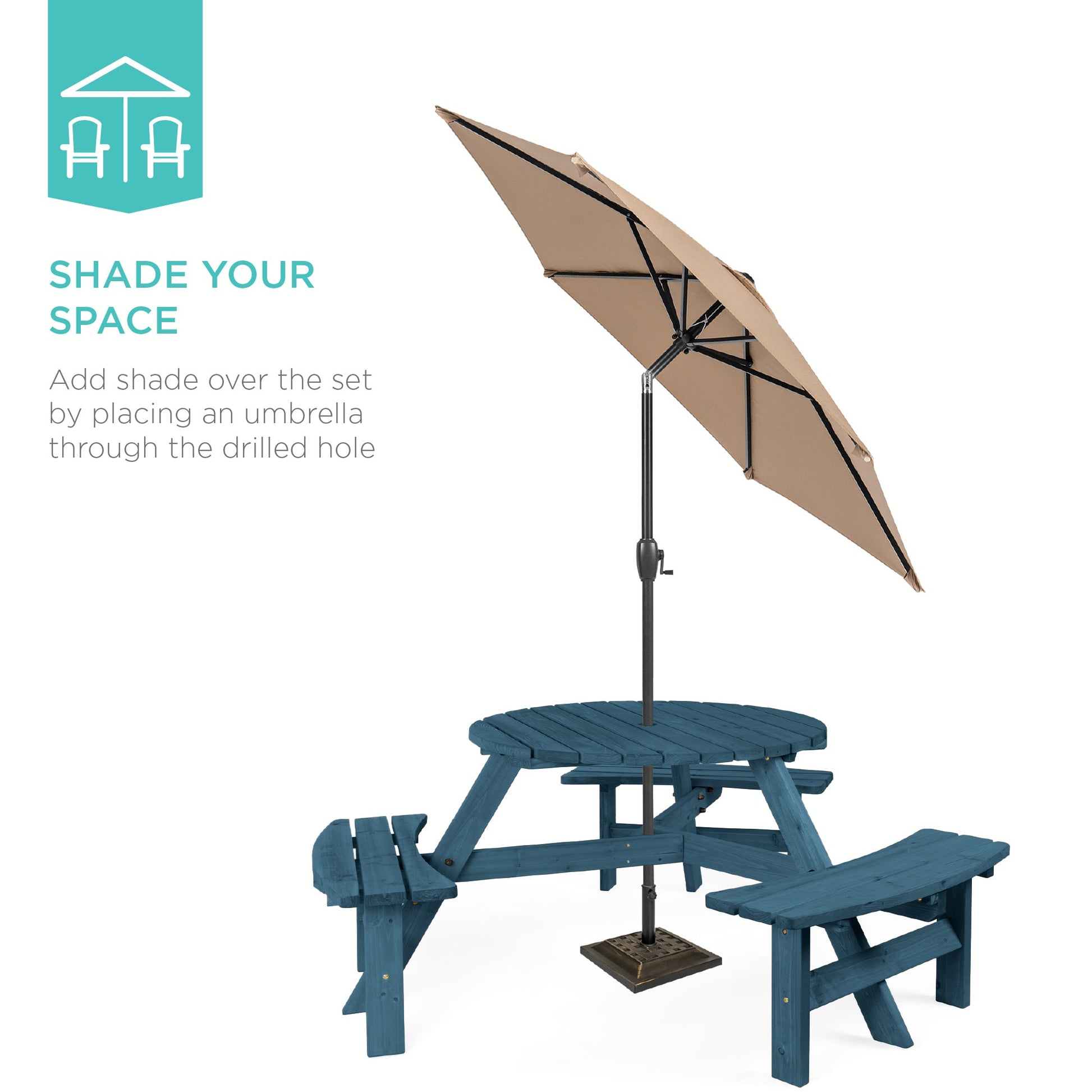 6-Person Circular Wooden Picnic Table w/ Umbrella Hole, 3 Benches