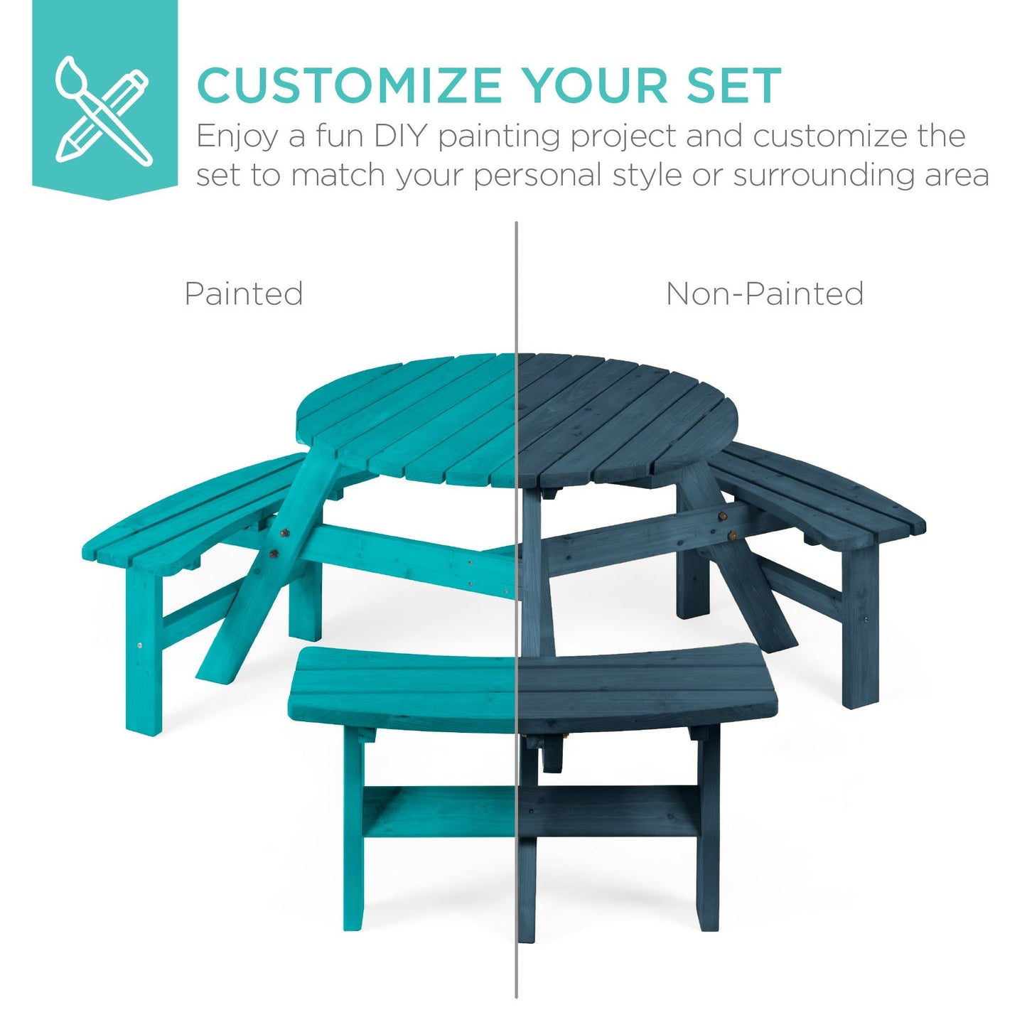 6-Person Circular Wooden Picnic Table w/ Umbrella Hole, 3 Benches