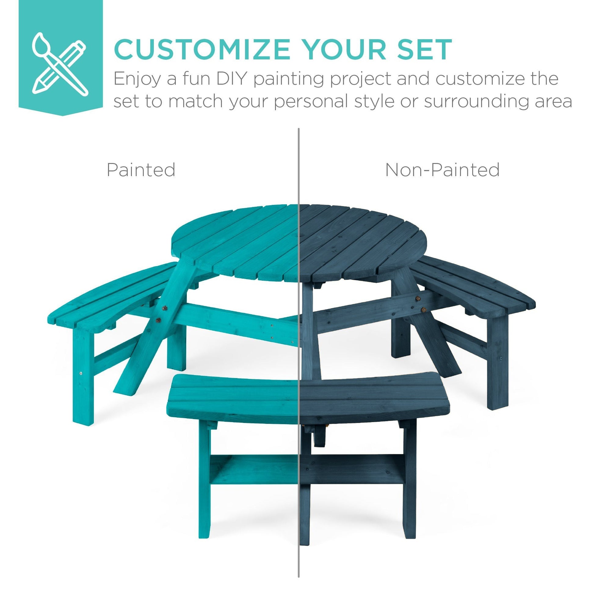 6-Person Circular Wooden Picnic Table w/ Umbrella Hole, 3 Benches