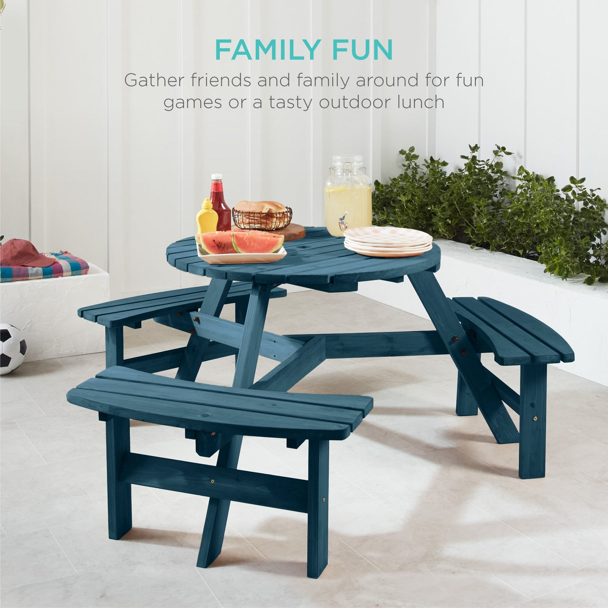 6-Person Circular Wooden Picnic Table w/ Umbrella Hole, 3 Benches
