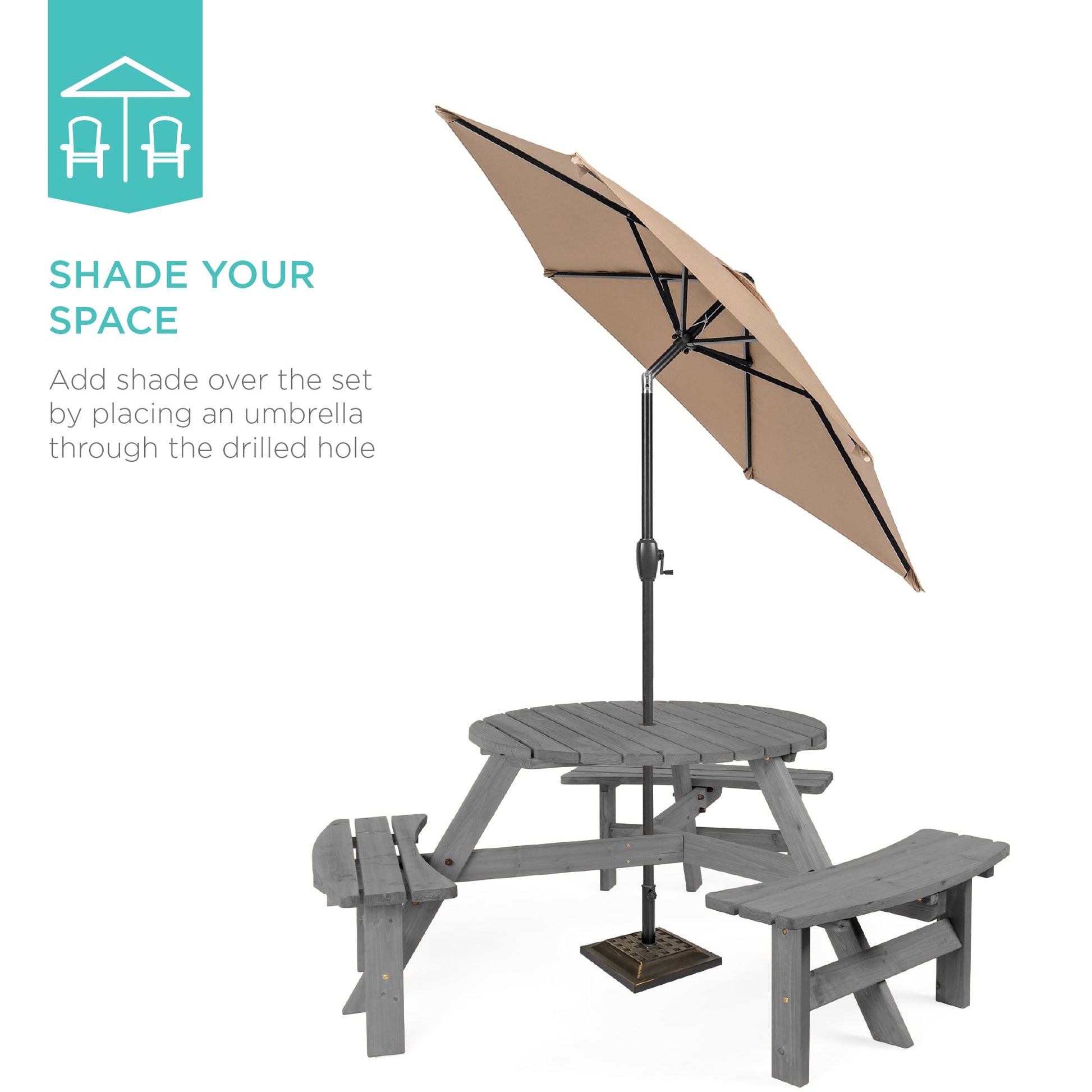 6-Person Circular Wooden Picnic Table w/ Umbrella Hole, 3 Benches
