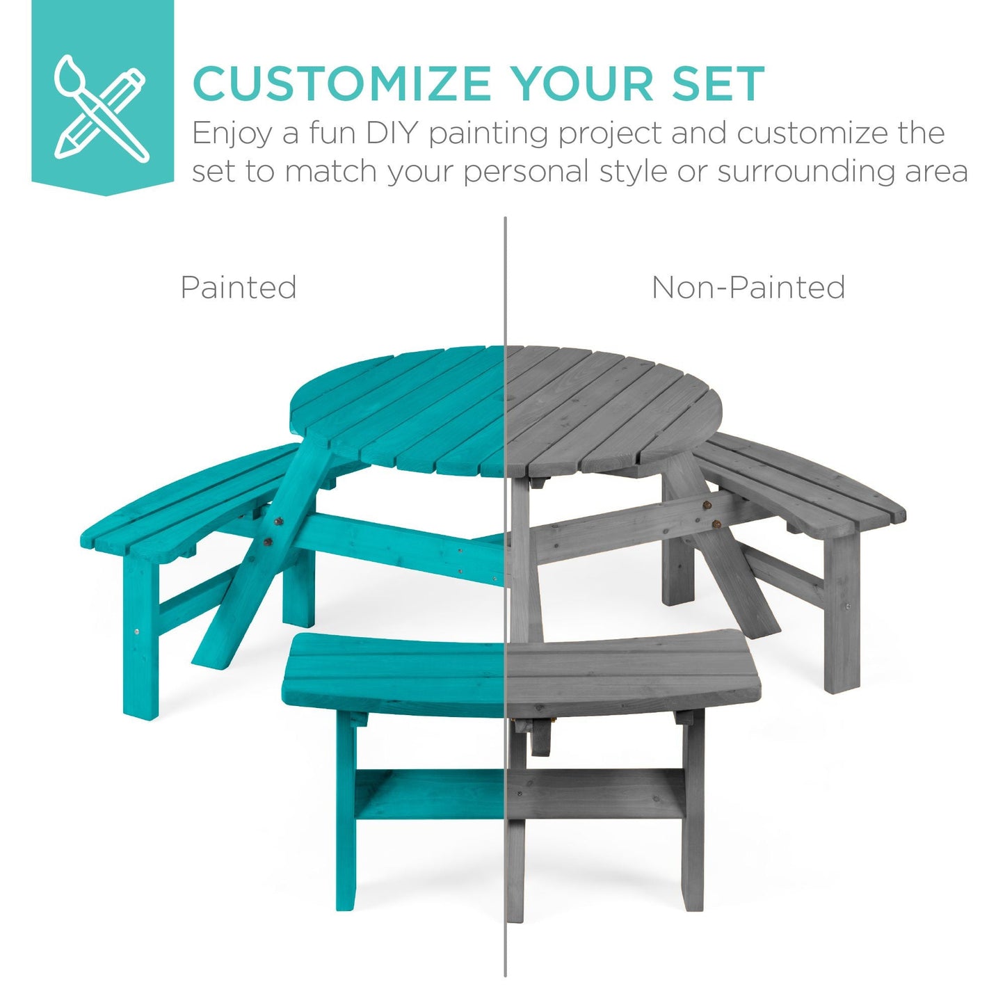 6-Person Circular Wooden Picnic Table w/ Umbrella Hole, 3 Benches