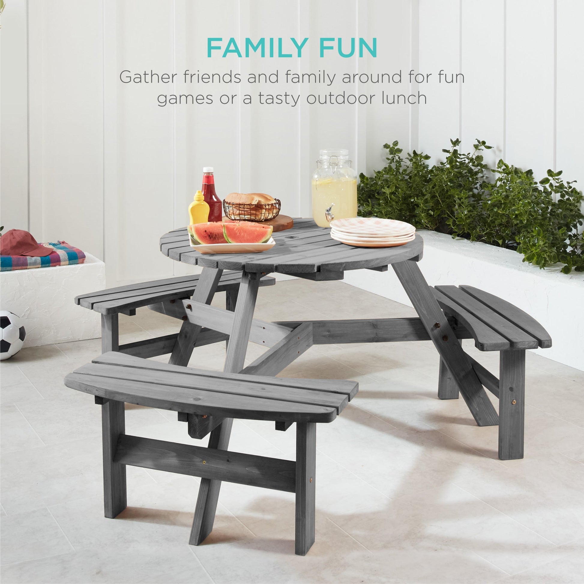 6-Person Circular Wooden Picnic Table w/ Umbrella Hole, 3 Benches