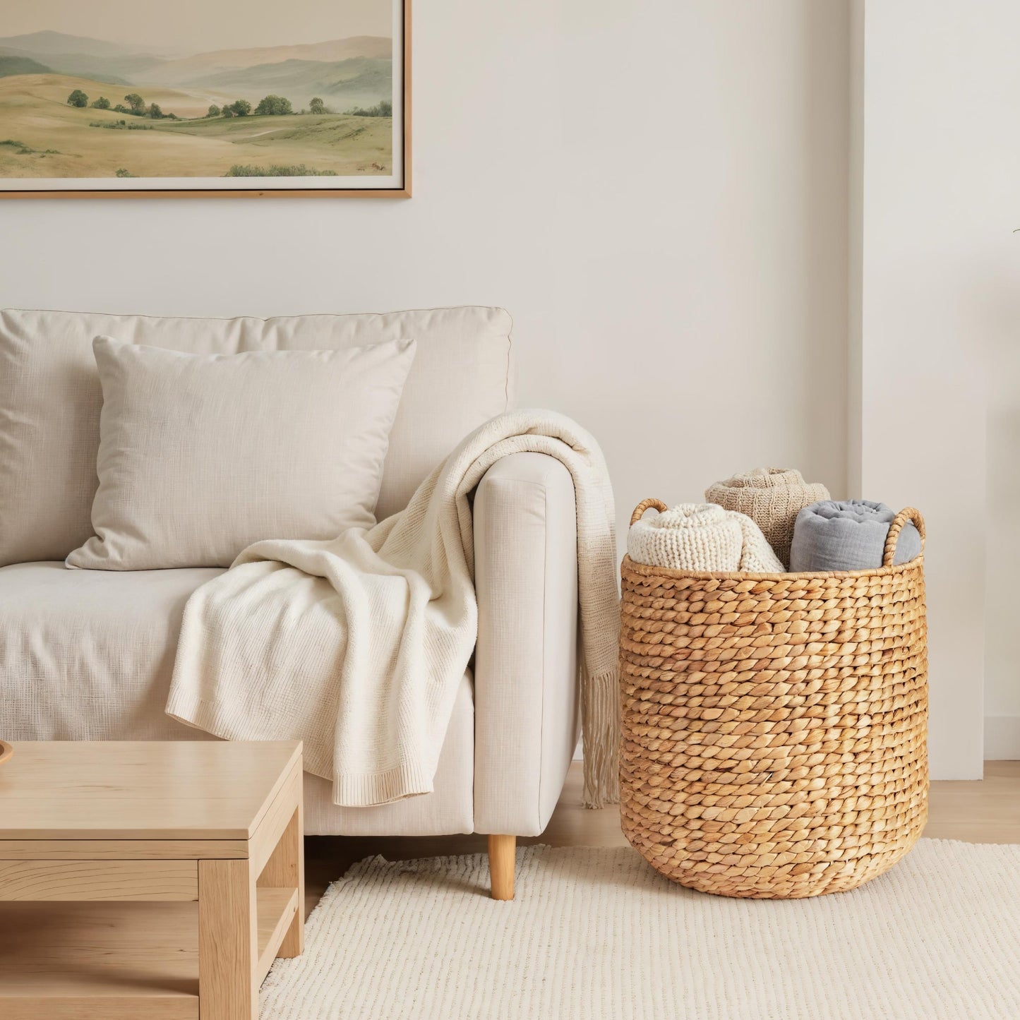 Round Storage Basket w/ Handles, Handwoven Water Hyacinth Tote