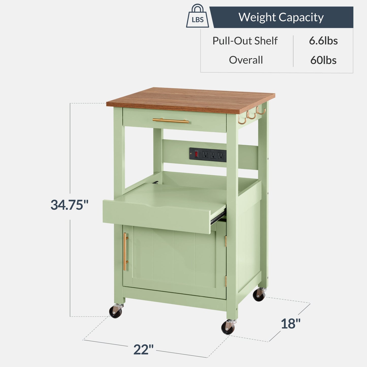 Rolling Kitchen Island Cart, Cabinet W/ Drawer, Sliding Tray, Outlet, Wheels