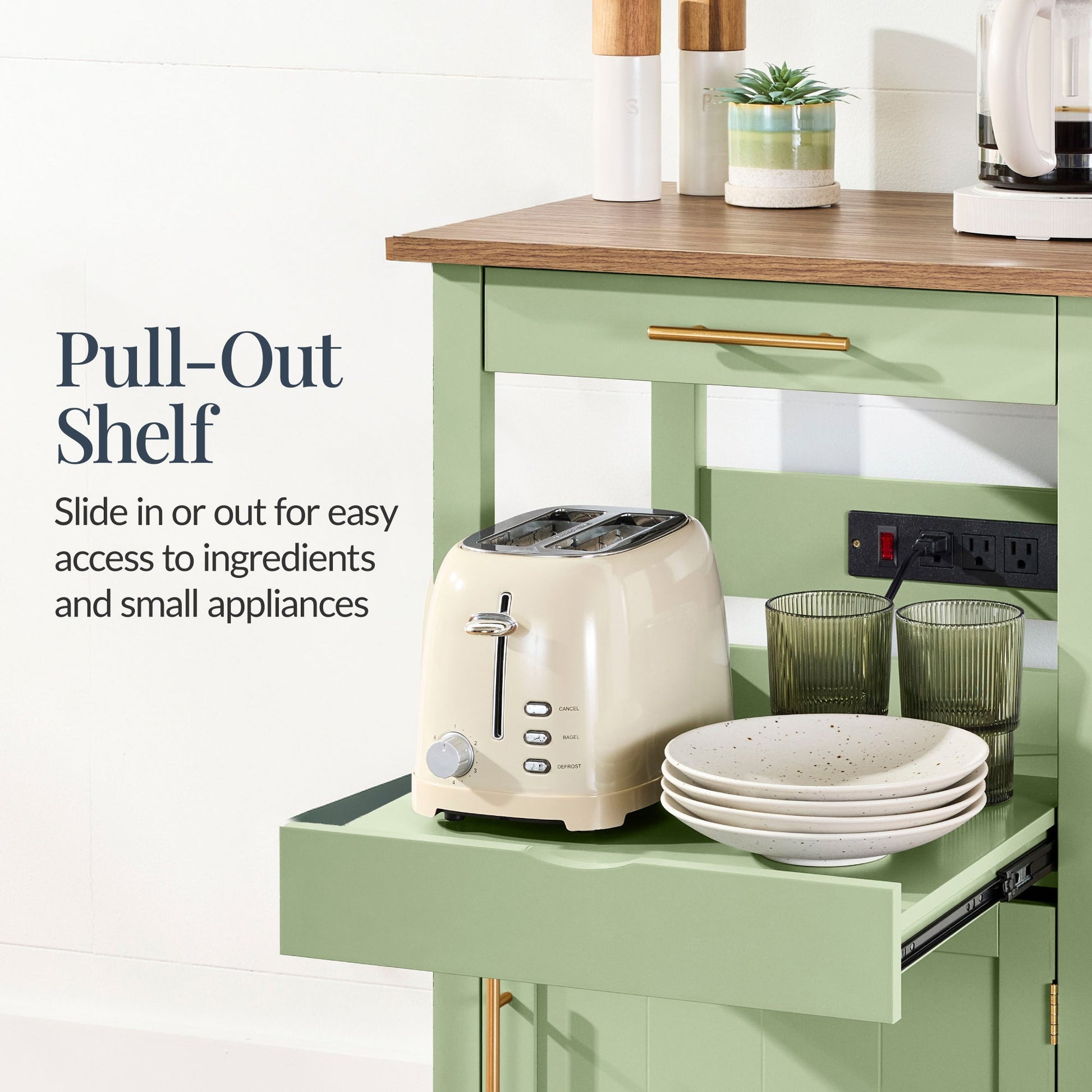 Rolling Kitchen Island Cart, Cabinet W/ Drawer, Sliding Tray, Outlet, Wheels