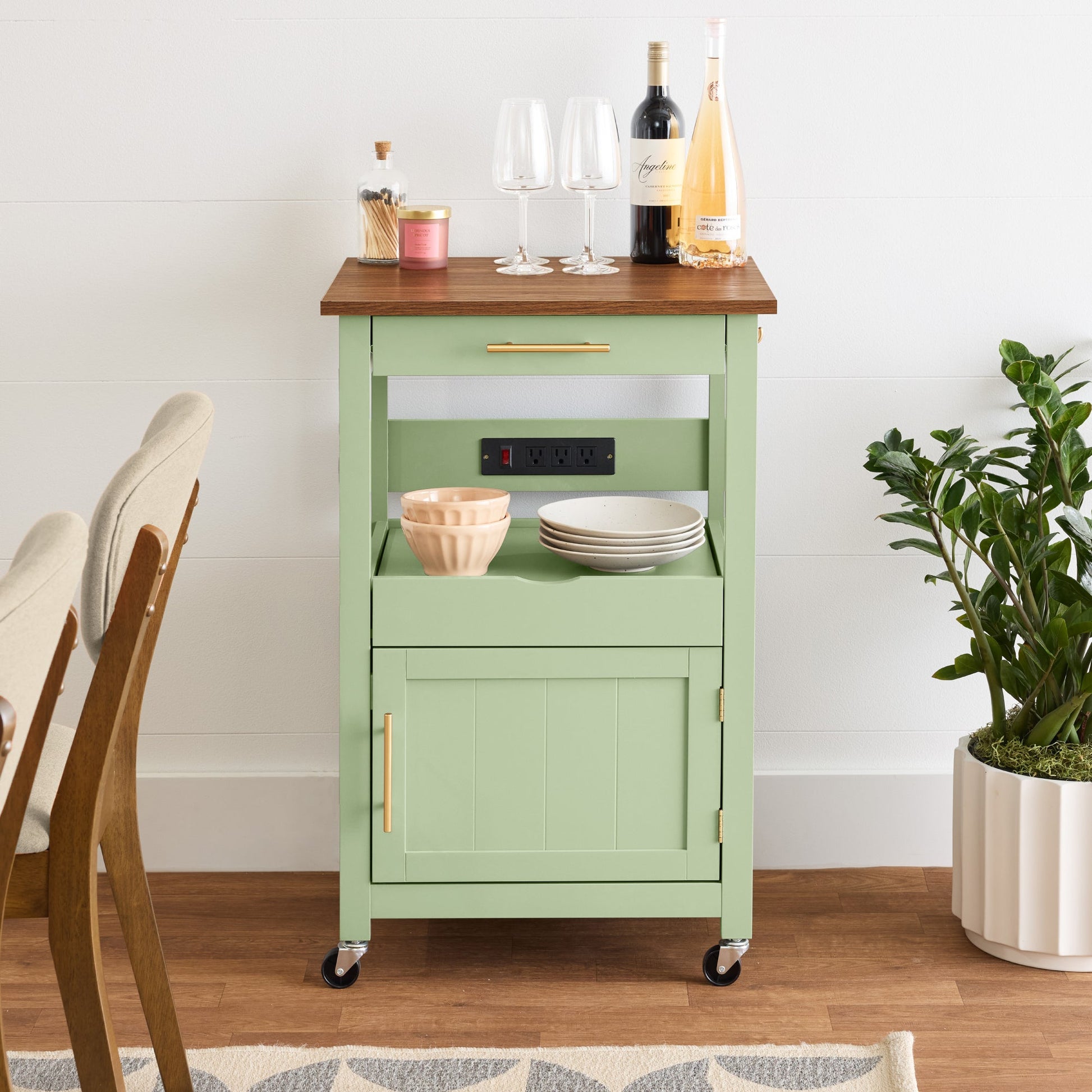 Rolling Kitchen Island Cart, Cabinet W/ Drawer, Sliding Tray, Outlet, Wheels