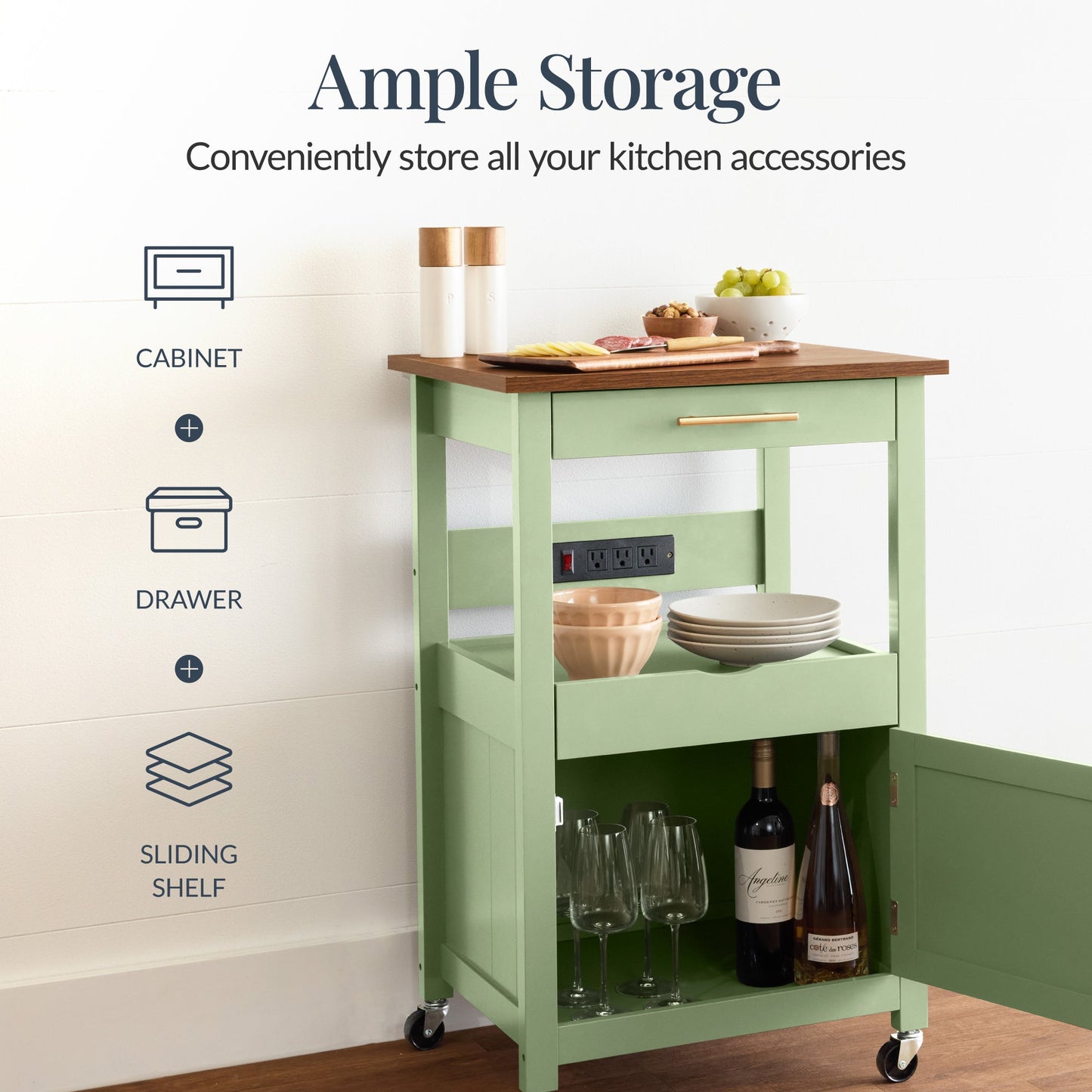 Rolling Kitchen Island Cart, Cabinet W/ Drawer, Sliding Tray, Outlet, Wheels