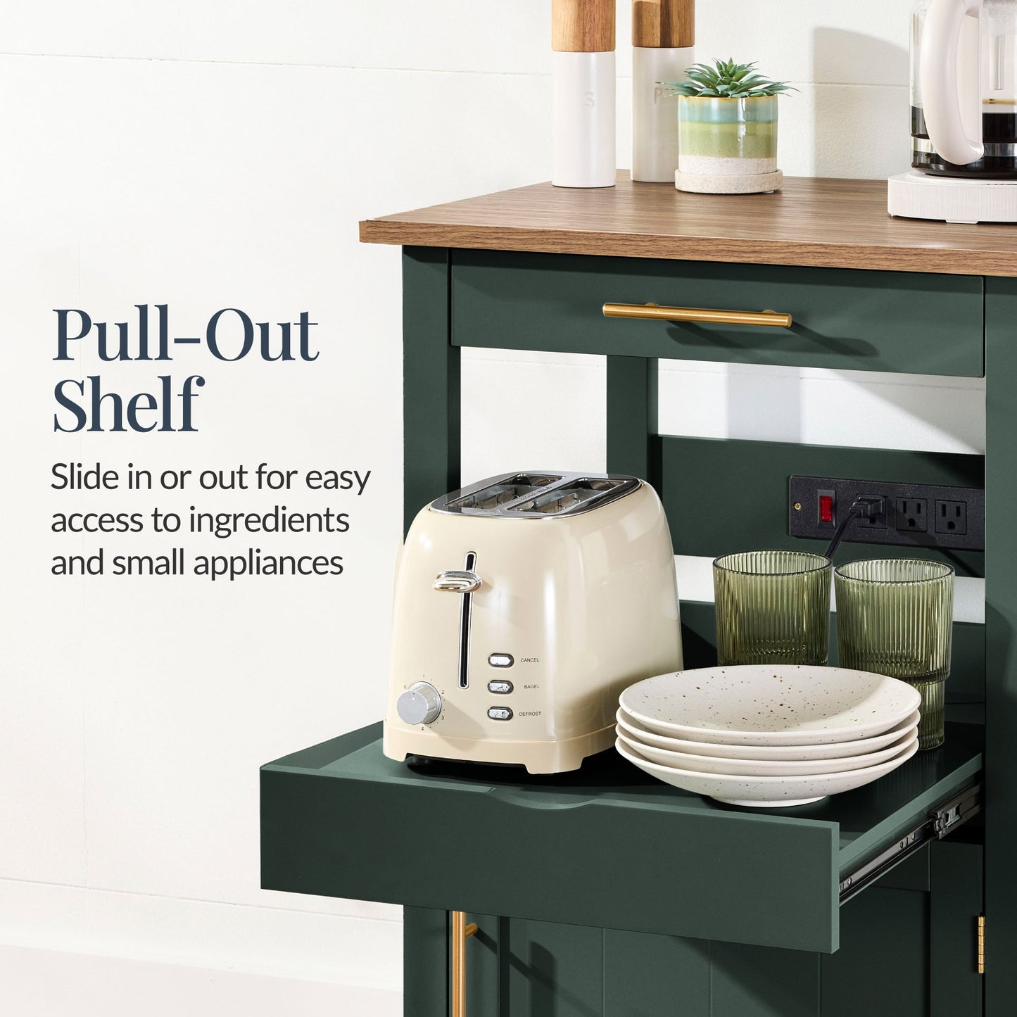 Rolling Kitchen Island Cart, Cabinet W/ Drawer, Sliding Tray, Outlet, Wheels