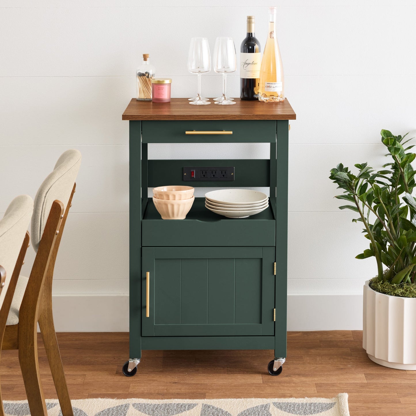 Rolling Kitchen Island Cart, Cabinet W/ Drawer, Sliding Tray, Outlet, Wheels