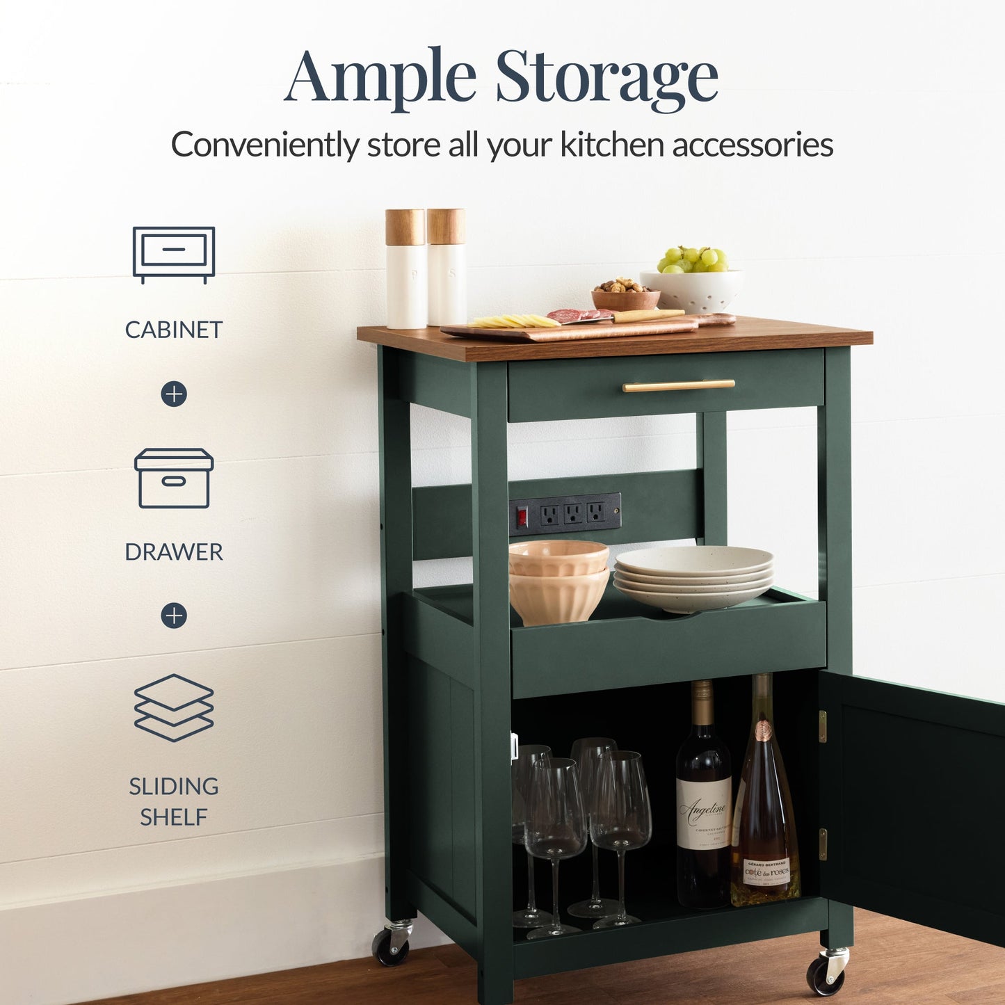 Rolling Kitchen Island Cart, Cabinet W/ Drawer, Sliding Tray, Outlet, Wheels