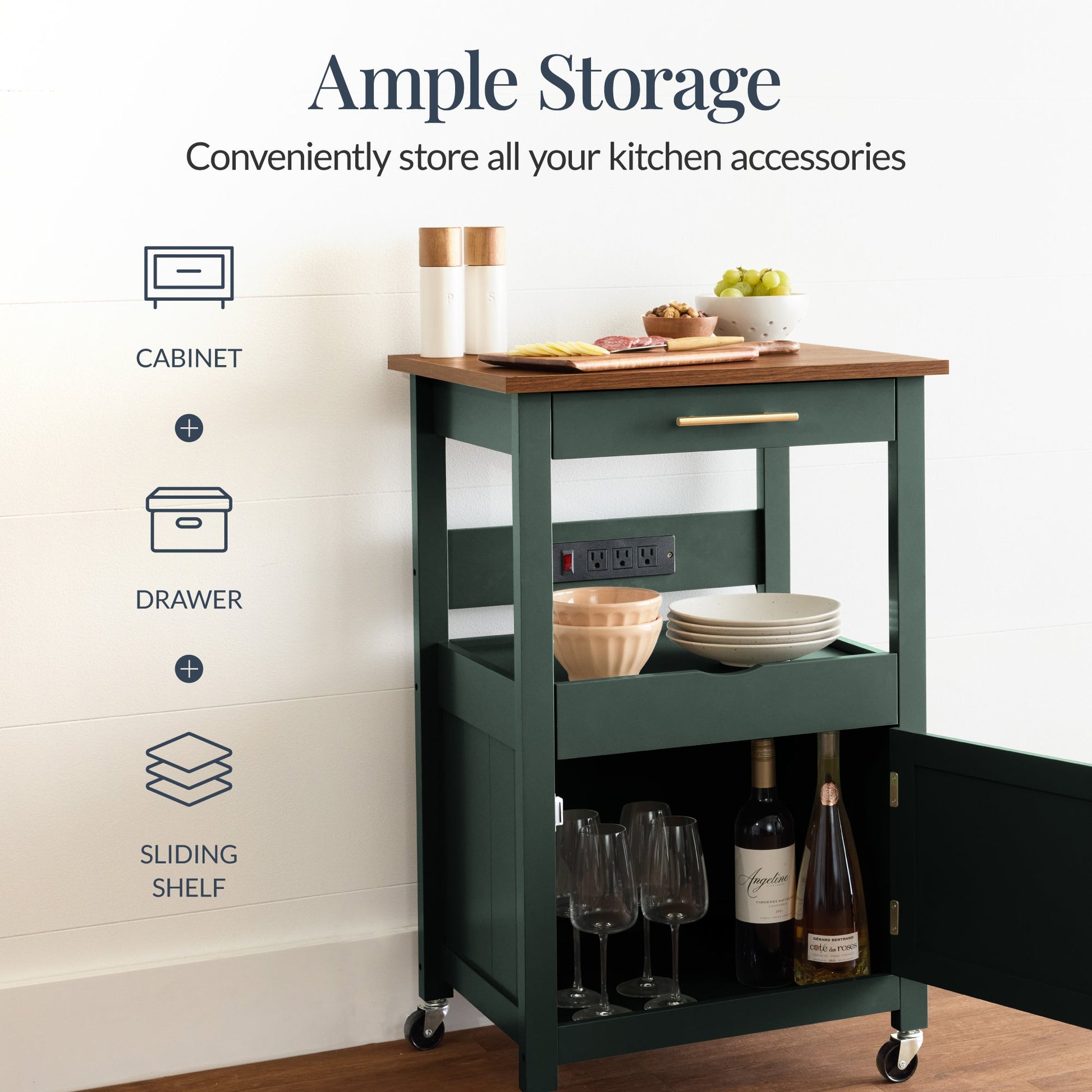 Rolling Kitchen Island Cart, Cabinet W/ Drawer, Sliding Tray, Outlet, Wheels
