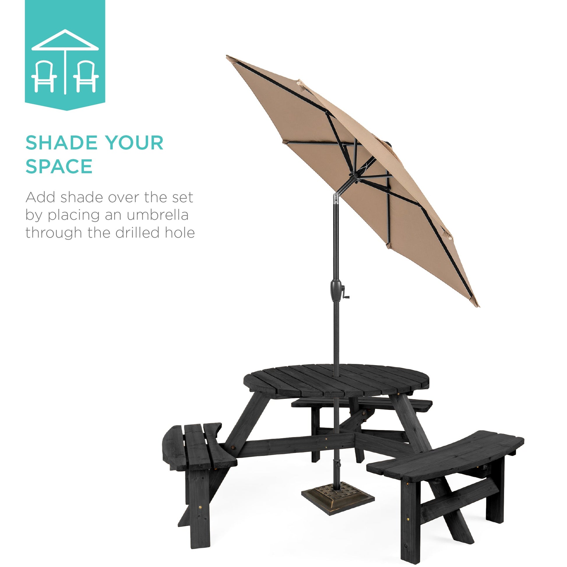 6-Person Circular Wooden Picnic Table w/ Umbrella Hole, 3 Benches