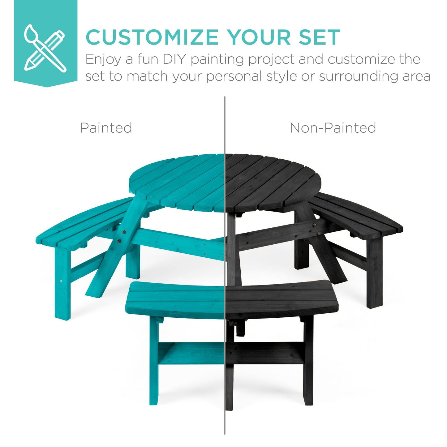 6-Person Circular Wooden Picnic Table w/ Umbrella Hole, 3 Benches