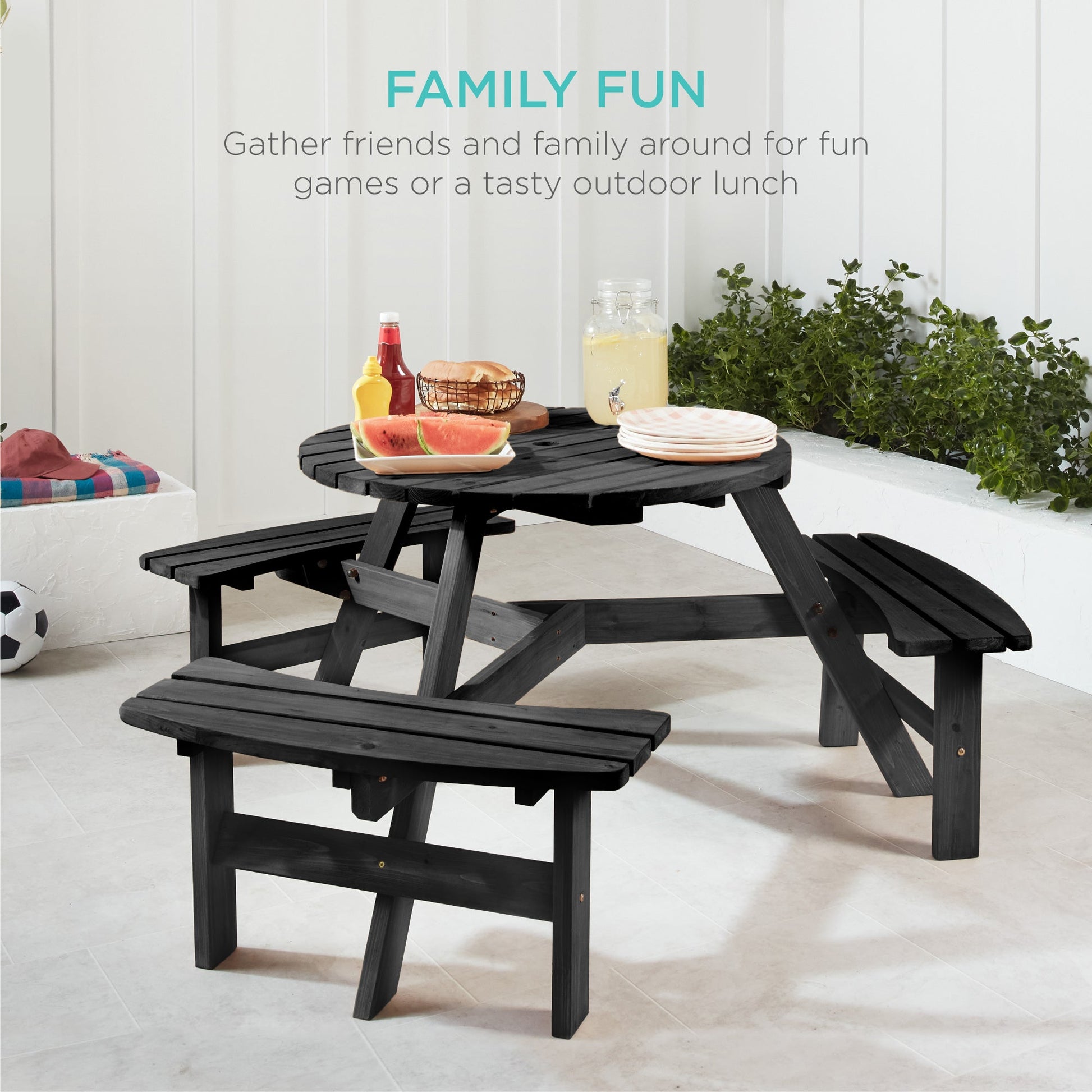 6-Person Circular Wooden Picnic Table w/ Umbrella Hole, 3 Benches