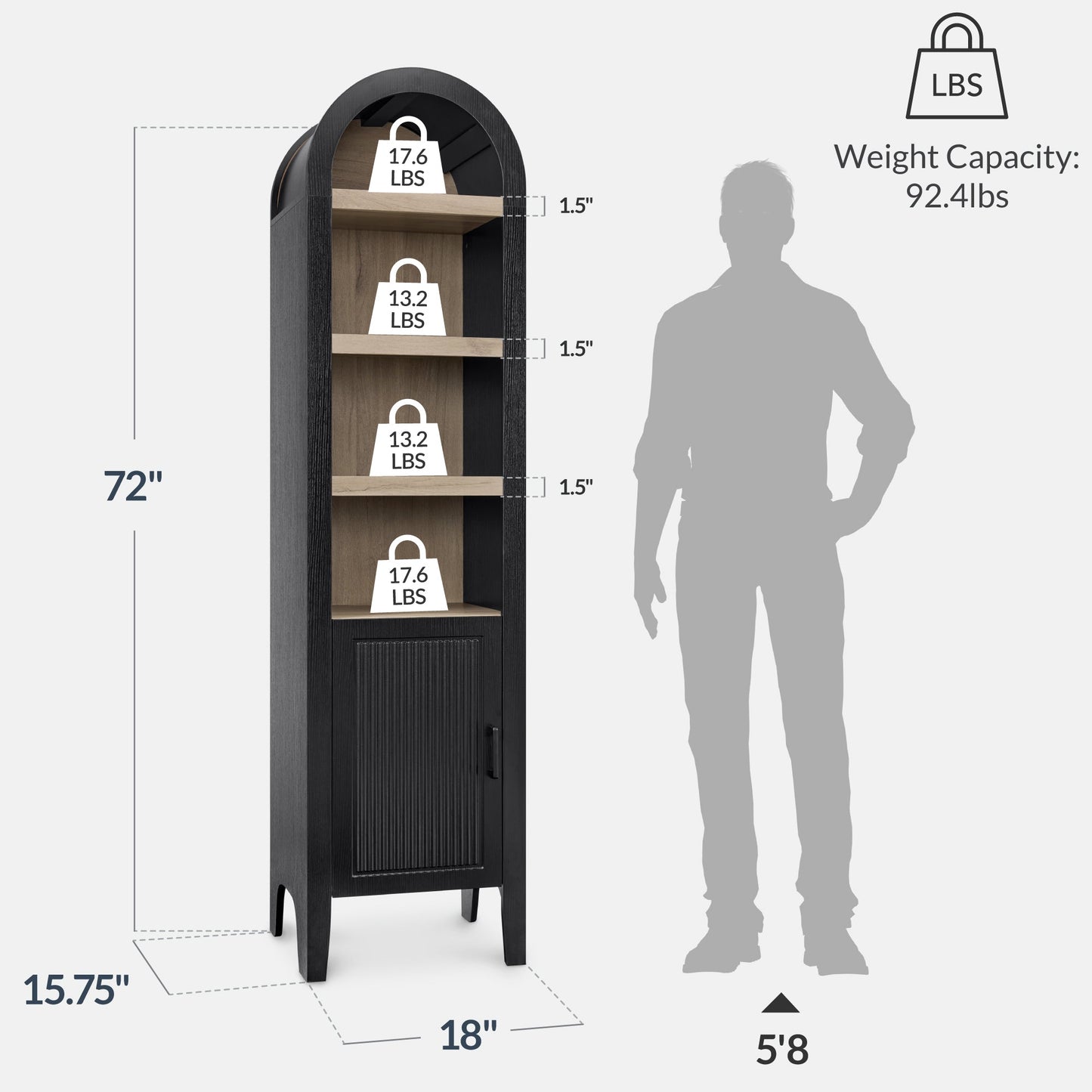 72" Tall Narrow Arched Pantry Cabinet w/ Door, 4-Tier Storage Cabinet