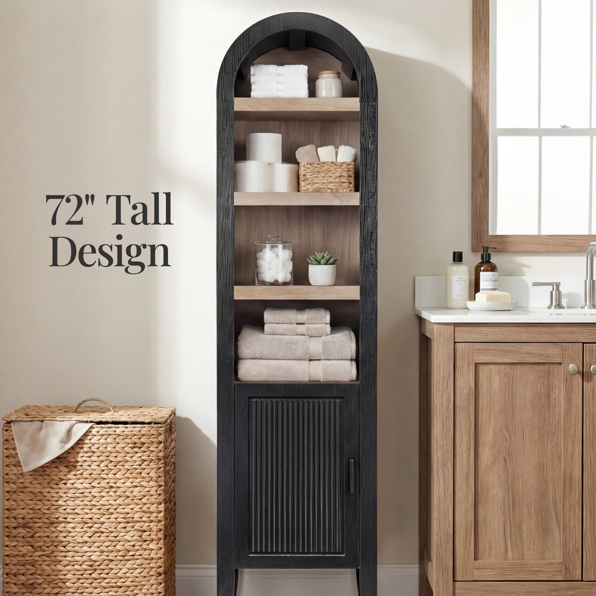 72" Tall Narrow Arched Pantry Cabinet w/ Door, 4-Tier Storage Cabinet