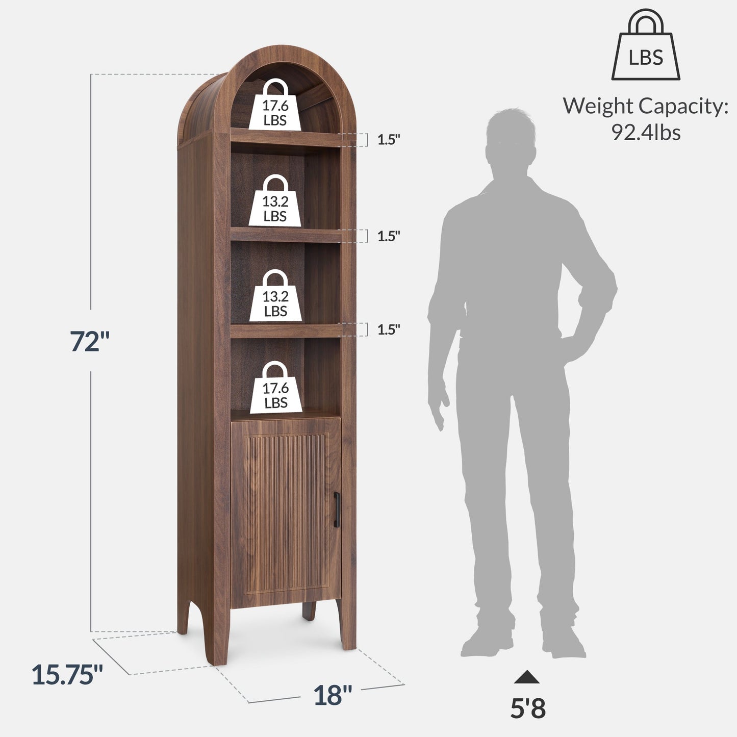 72" Tall Narrow Arched Pantry Cabinet w/ Door, 4-Tier Storage Cabinet