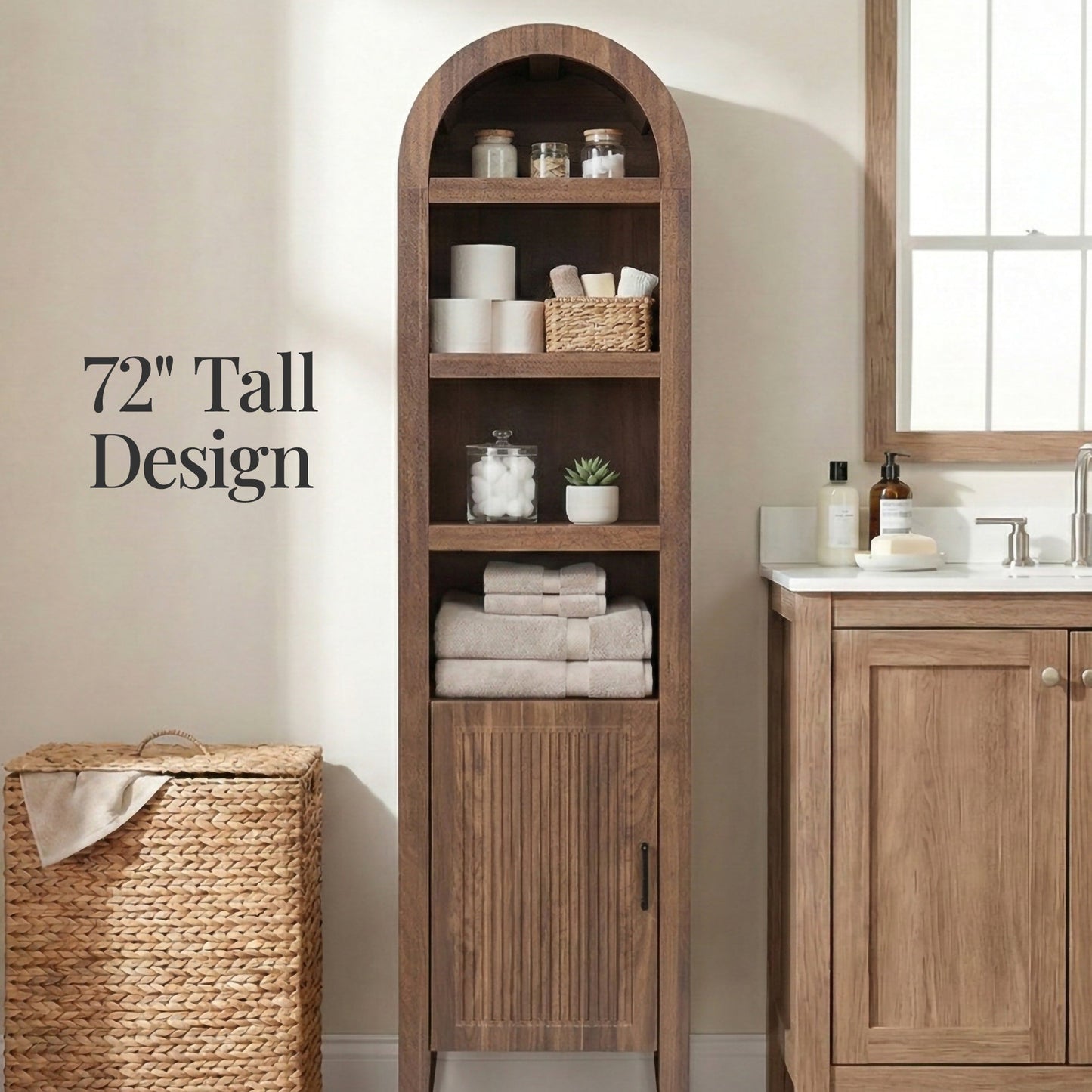 72" Tall Narrow Arched Pantry Cabinet w/ Door, 4-Tier Storage Cabinet