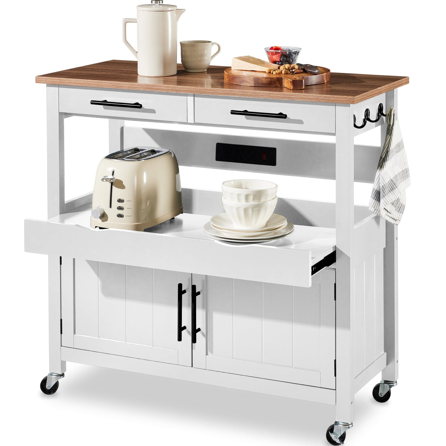 36in Large Rolling Kitchen Island Cart, 2-Door Cabinet, Outlet, & Wheels
