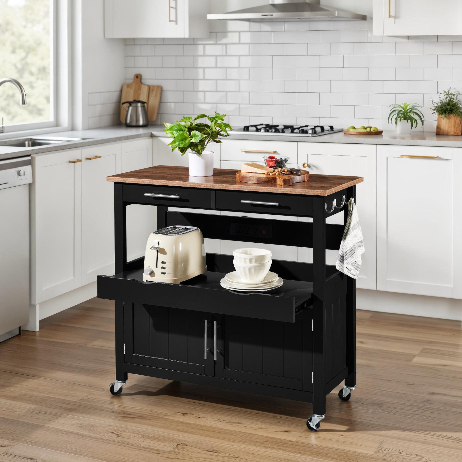 36in Large Rolling Kitchen Island Cart, 2-Door Cabinet, Outlet, & Wheels