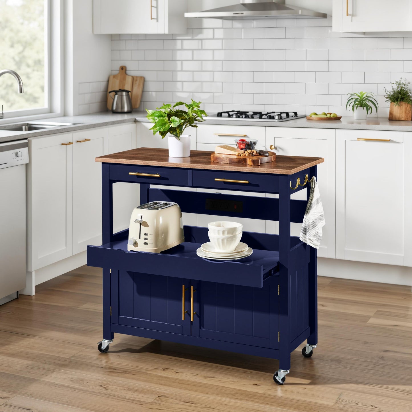 36in Large Rolling Kitchen Island Cart, 2-Door Cabinet, Outlet, & Wheels