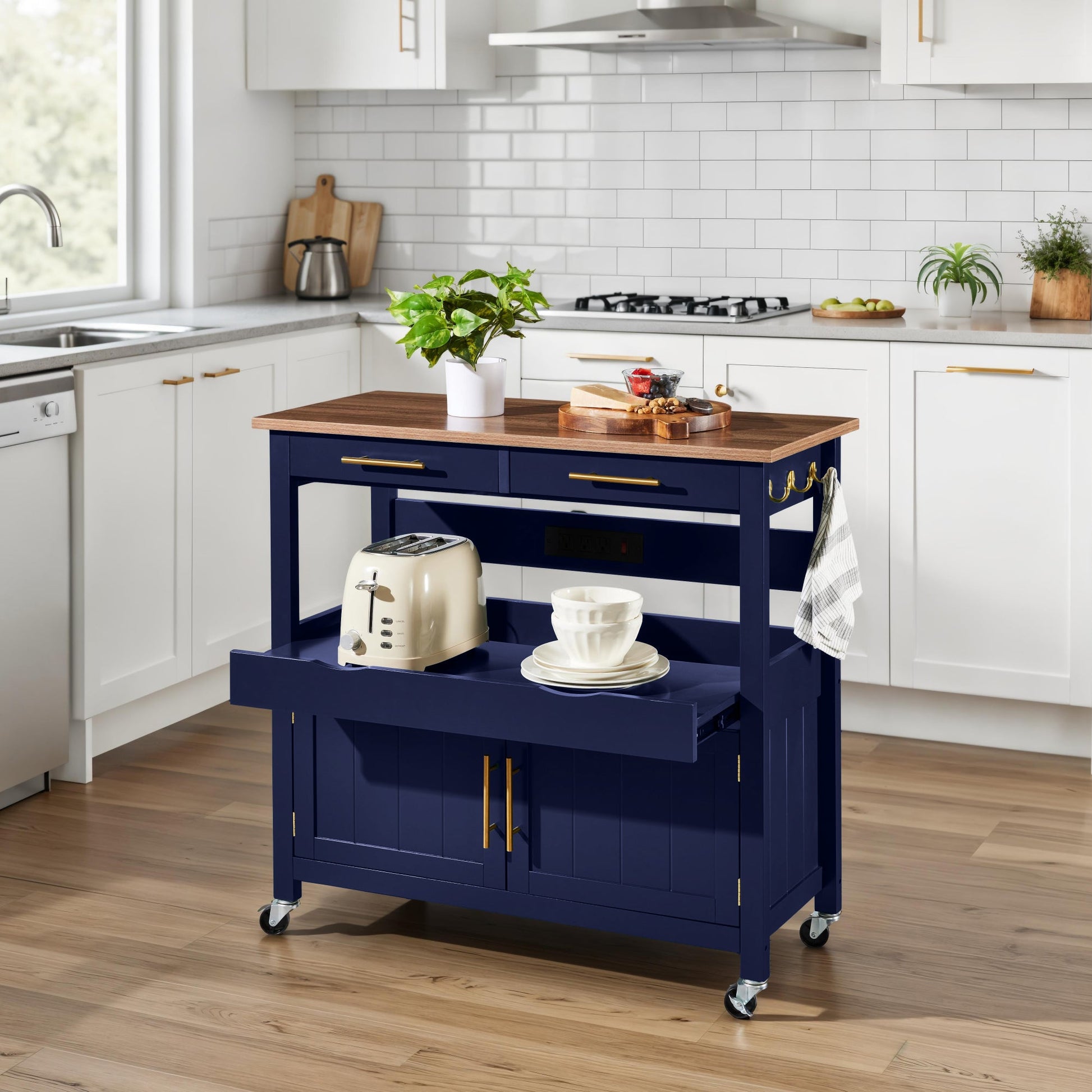 36in Large Rolling Kitchen Island Cart, 2-Door Cabinet, Outlet, & Wheels