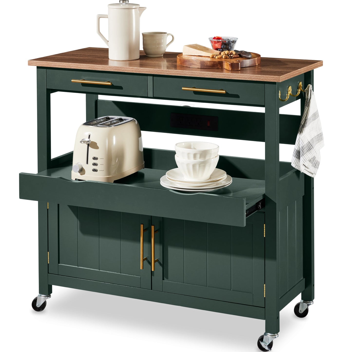 36in Large Rolling Kitchen Island Cart, 2-Door Cabinet, Outlet, & Wheels