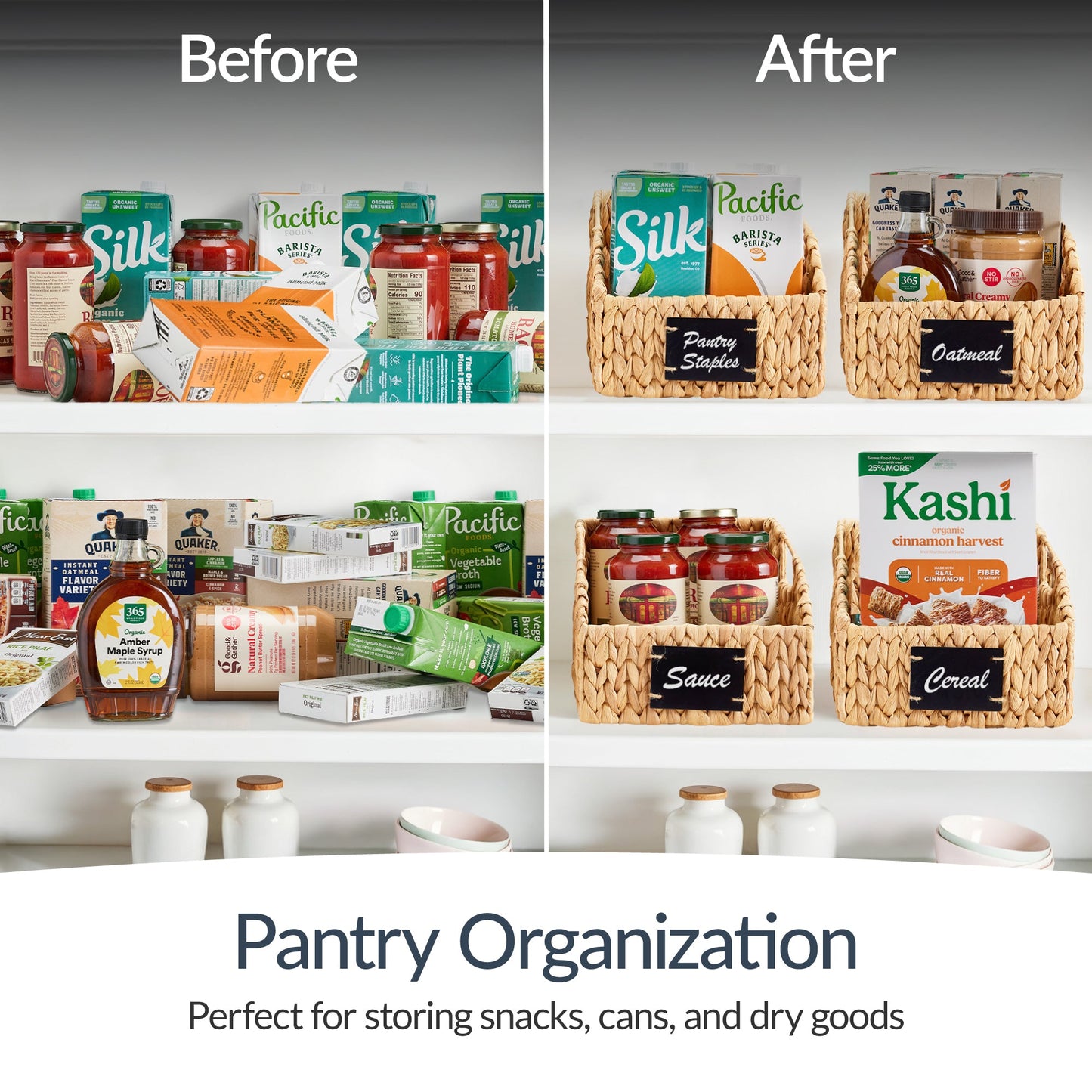 Storage Pantry Baskets for Organizing, Wicker Basket w/ Built-in Handles